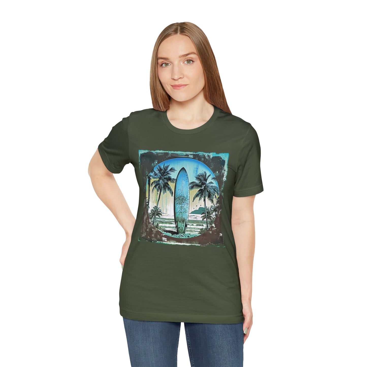 Blue board on the beach Unisex Jersey Short Sleeve Tee