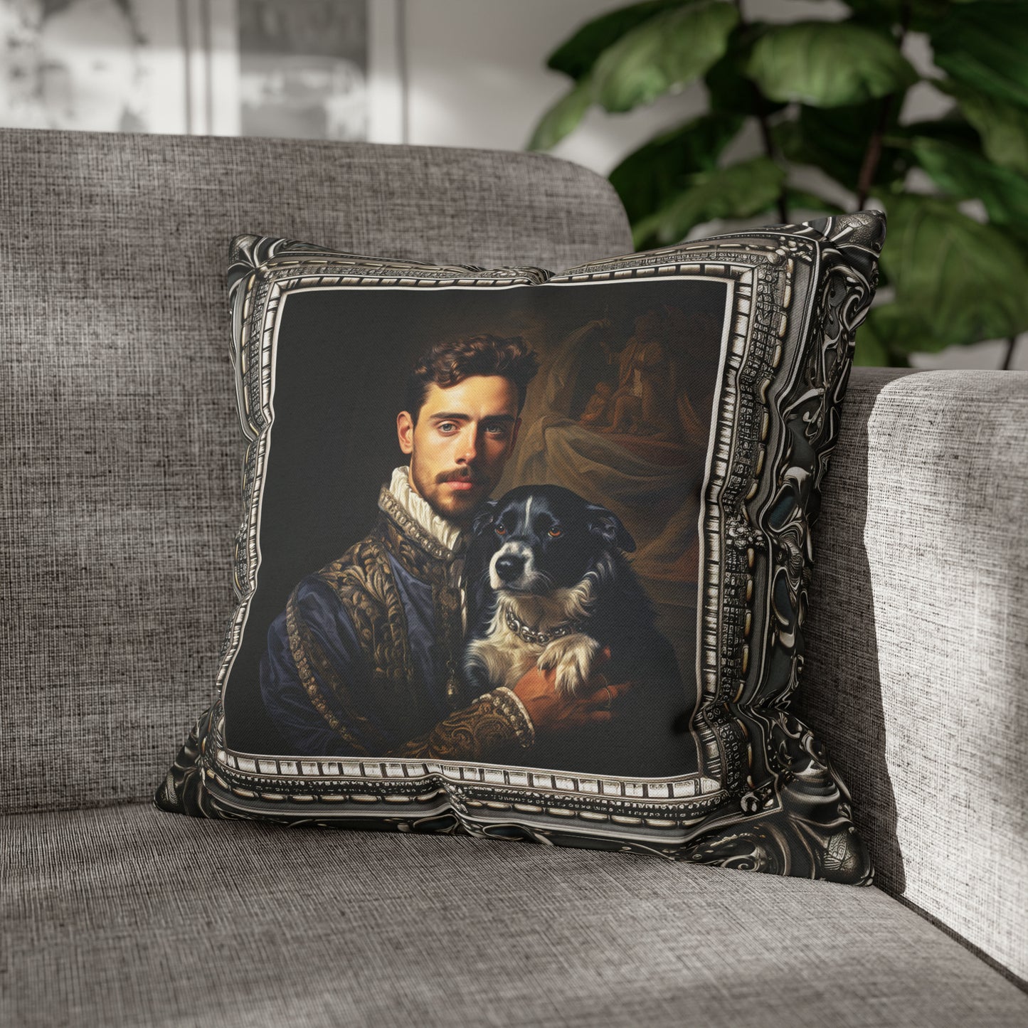 Square Pillow Case 18" x 18", CASE ONLY, no pillow form, original Art , a painterly Pillow of Renaissance Royalty with his Dog Antique Frame