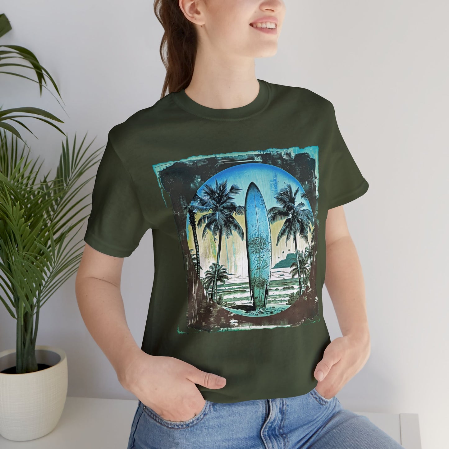 Blue board on the beach Unisex Jersey Short Sleeve Tee