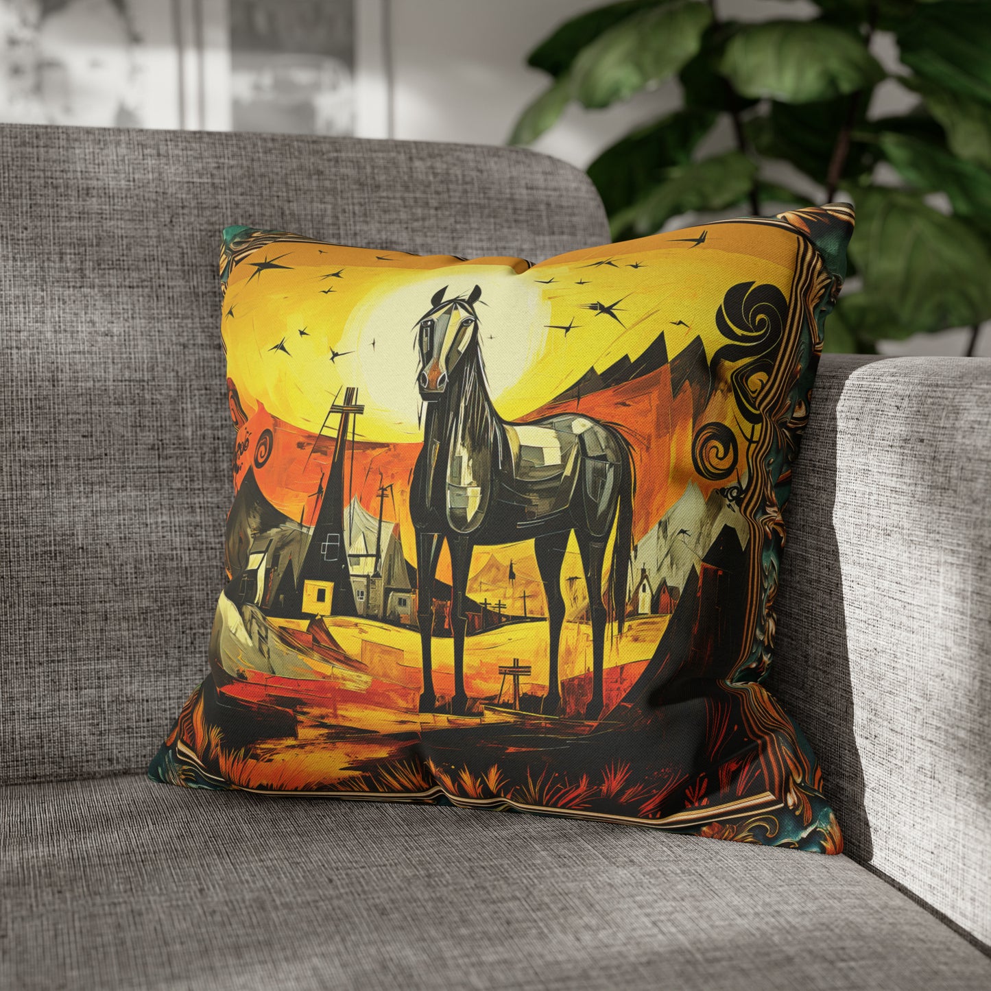 Square Pillow Case 18" x 18", CASE ONLY, no pillow form, original Art ,Colorful, Beautiful Abstract Black Horse at Sunset in a Western Village