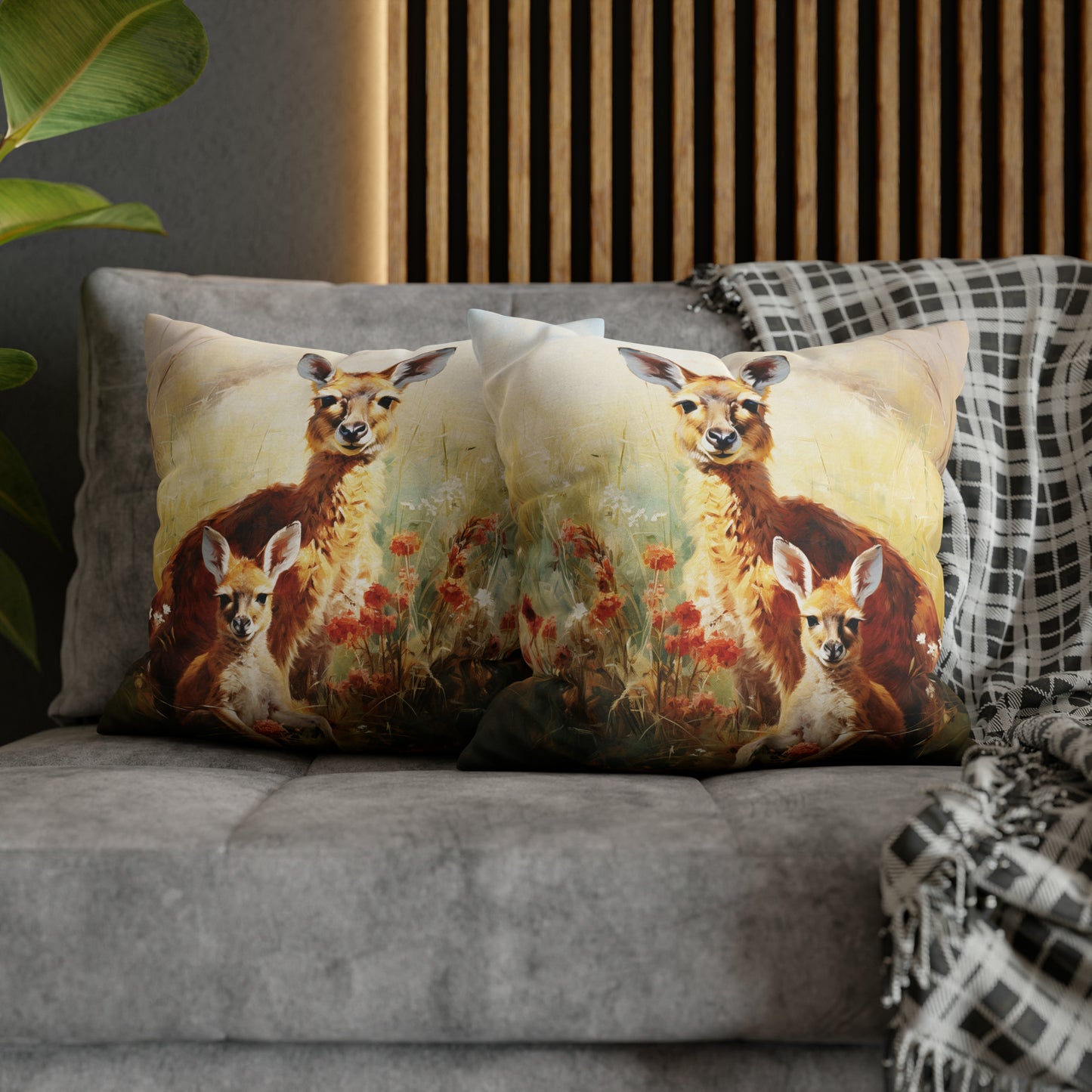 Square Pillow Case 18" x 18", CASE ONLY, no pillow form, original Art ,Colorful, a Mother Kangaroo with Her Joey in the Golden Grass with Flowers