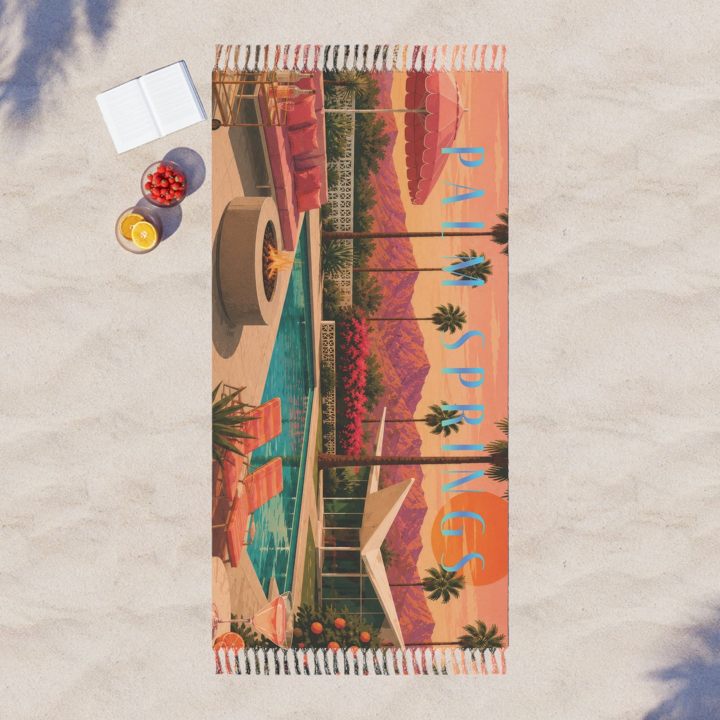 Boho Beach Towel – Retro Palm Springs Poolside Print 38" x 81"