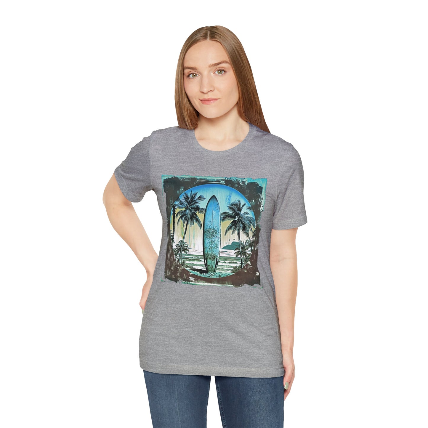 Blue board on the beach Unisex Jersey Short Sleeve Tee