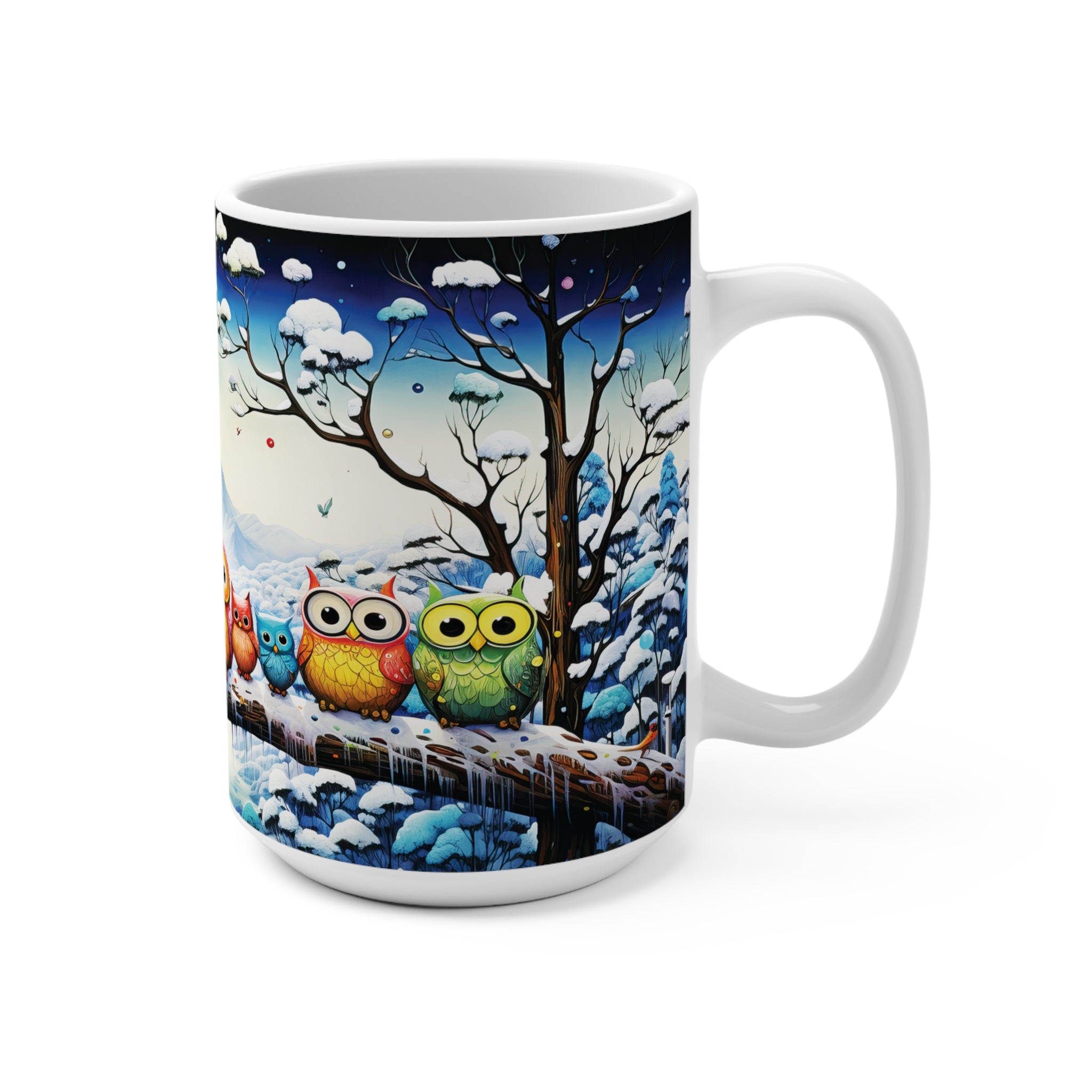 Mug 15oz Family of Owls on a Snowy Branch