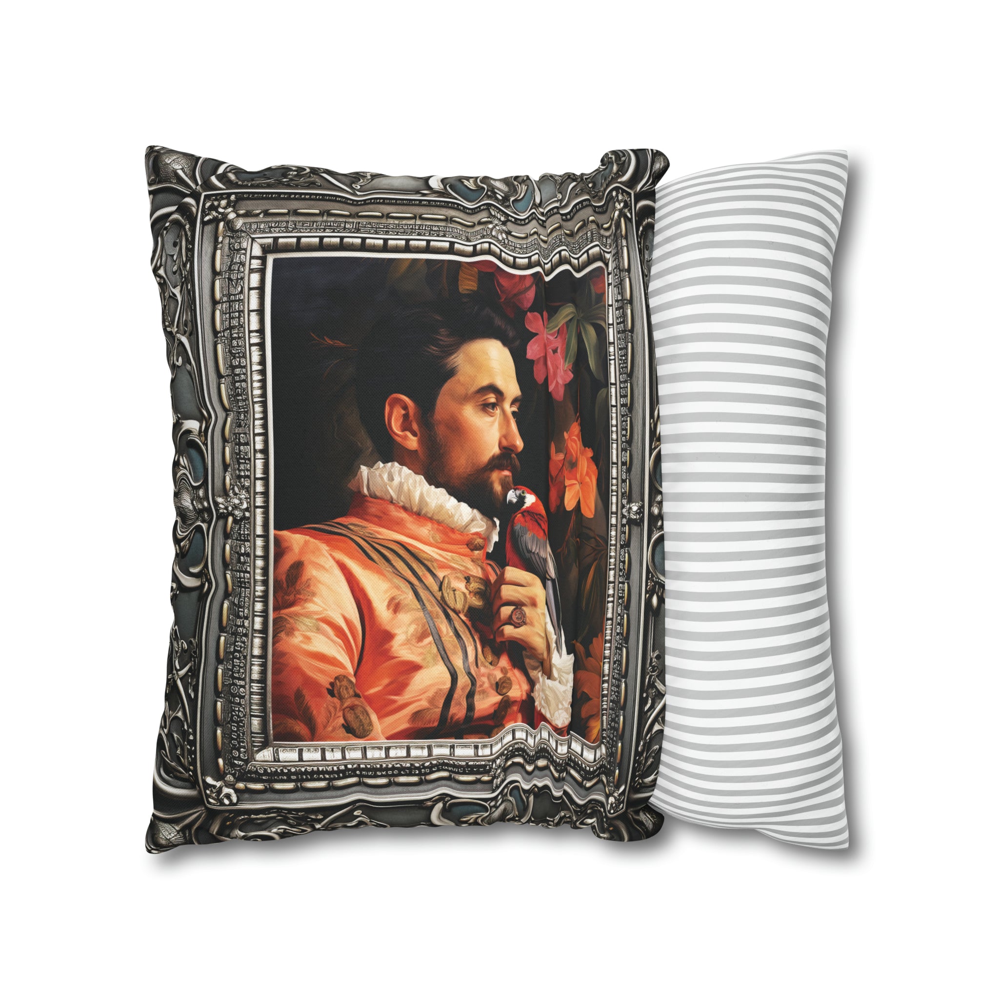 Square Pillow Case 18" x 18", CASE ONLY, no pillow form, original Art ,Colorful, a painting of an Italian Aristocrat and his Bird, Antique Frame