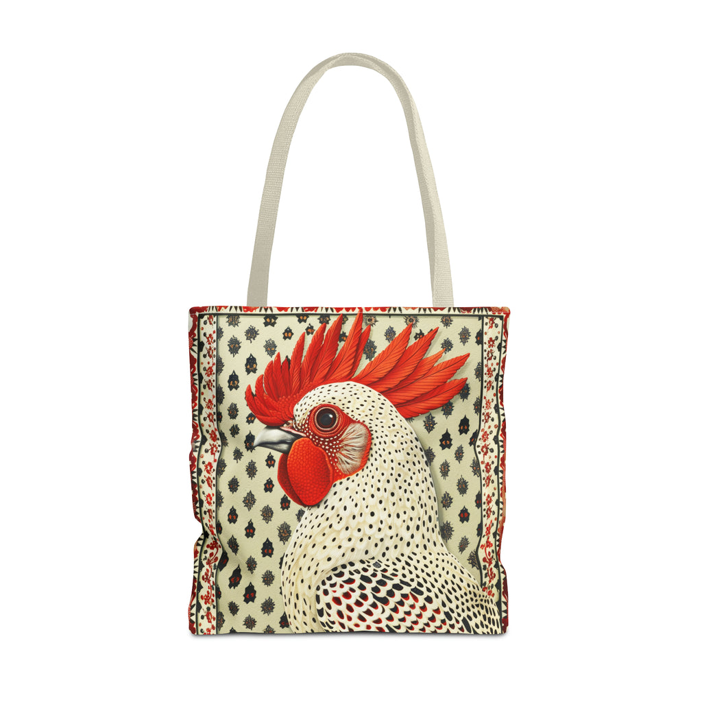 Canvas Tote Bag, vintage inspired rooster design, vibrant artistic accessory, whimsical all over print bag in three sizes