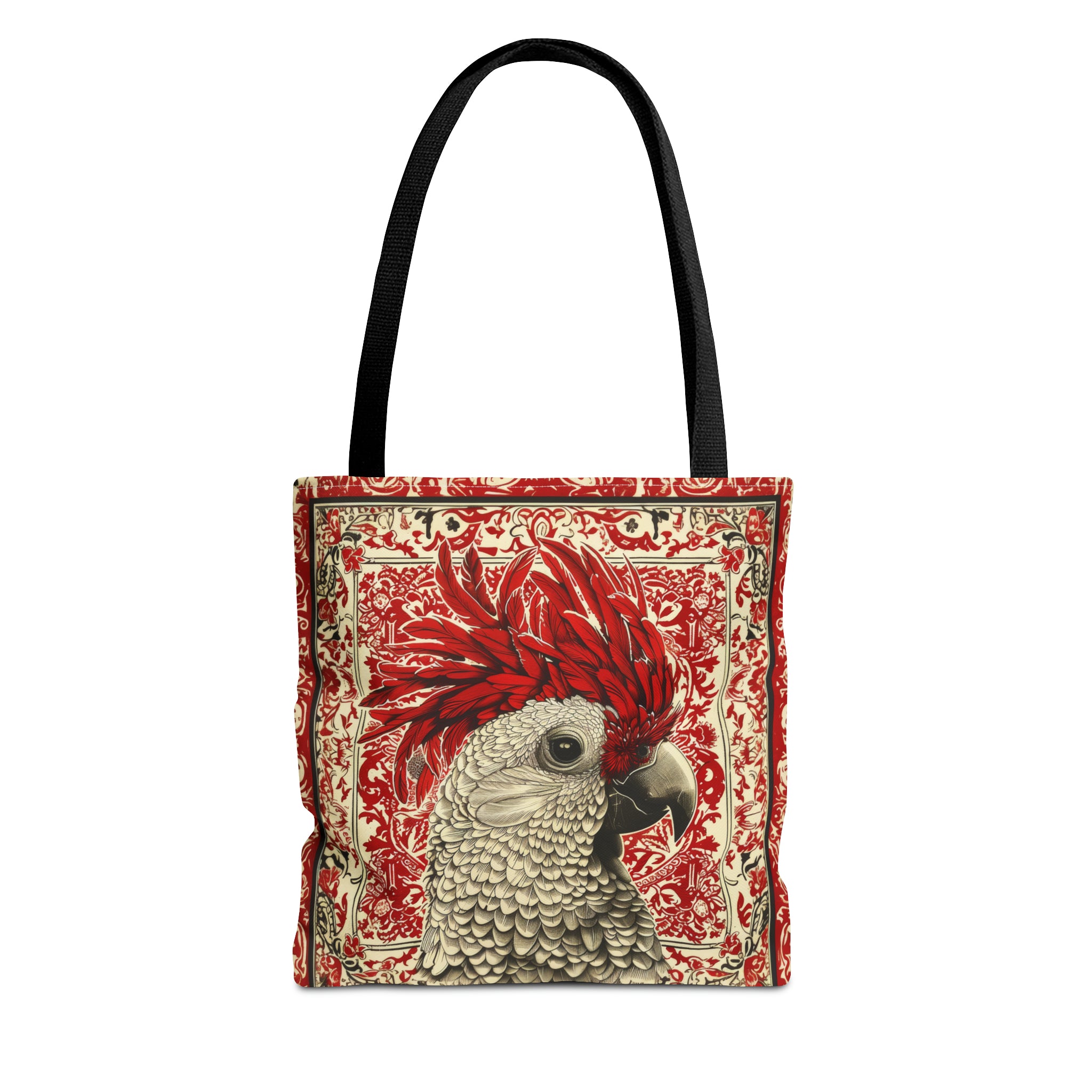 Canvas Tote Bag, vintage inspired exotic bird design in red, vibrant artistic accessory, whimsical all over print bag, three sizes