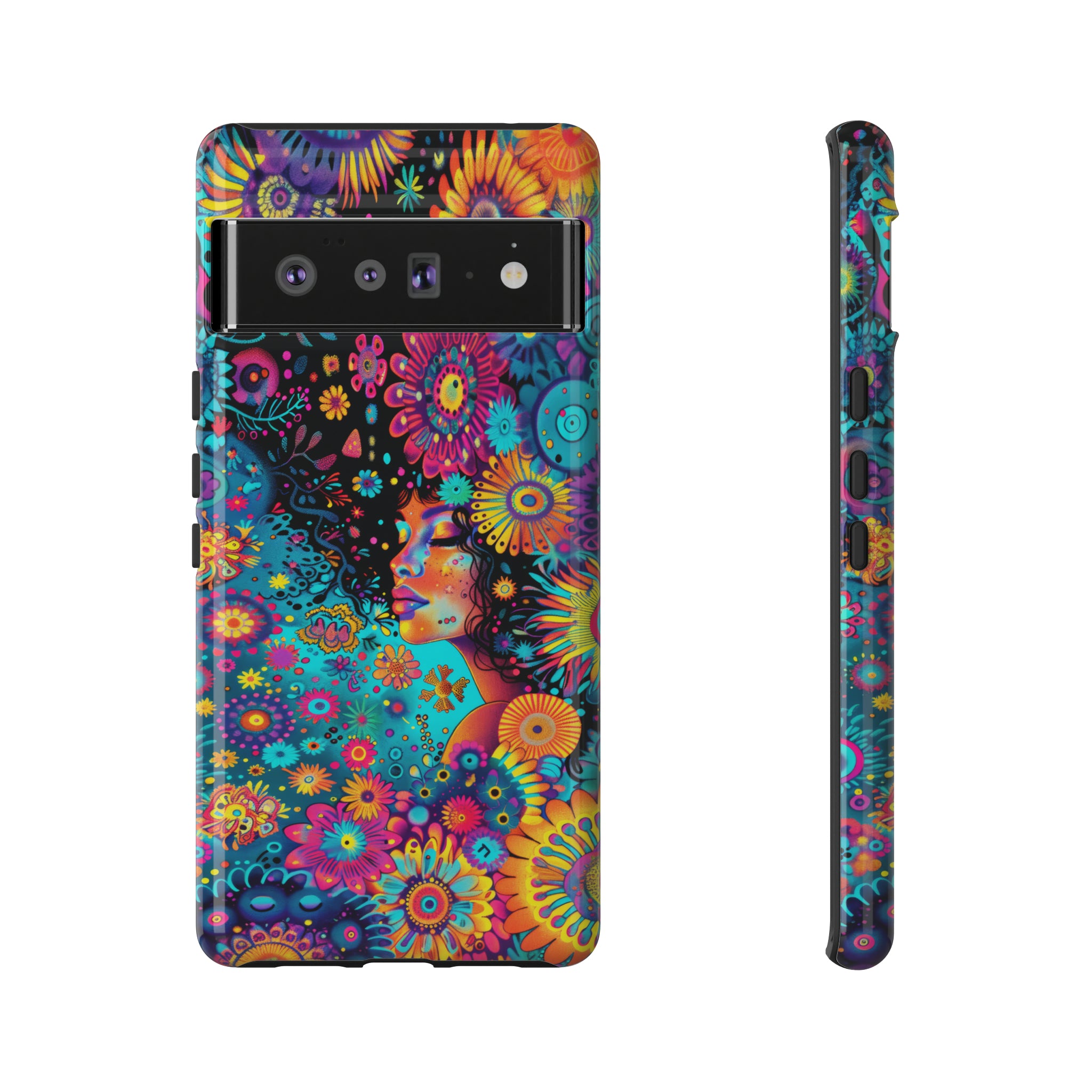 Phone Case, 1970's inspired flower girl, Artistic design, Tough Case, Colorful whimsical flower fantasy design, iPhone 15, 14, 13, 12, 11, Samsung, Pixel