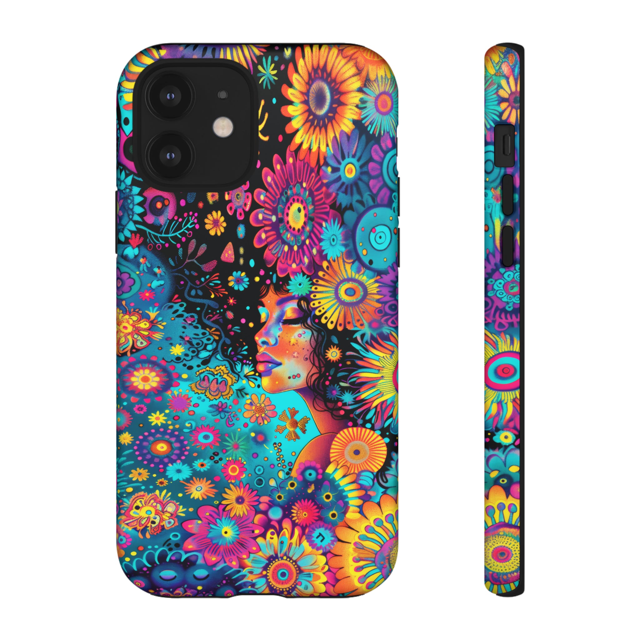 Phone Case, 1970's inspired flower girl, Artistic design, Tough Case, Colorful whimsical flower fantasy design, iPhone 15, 14, 13, 12, 11, Samsung, Pixel