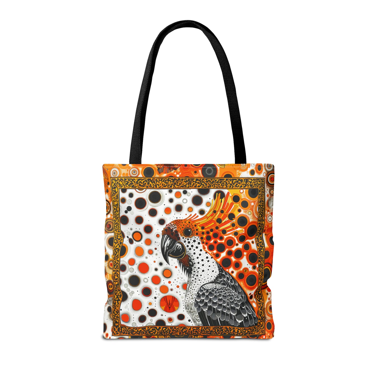 Canvas Tote Bag, Mod inspired orange bird design, vibrant artistic accessory, whimsical all over print bag in three sizes with cockatoo design