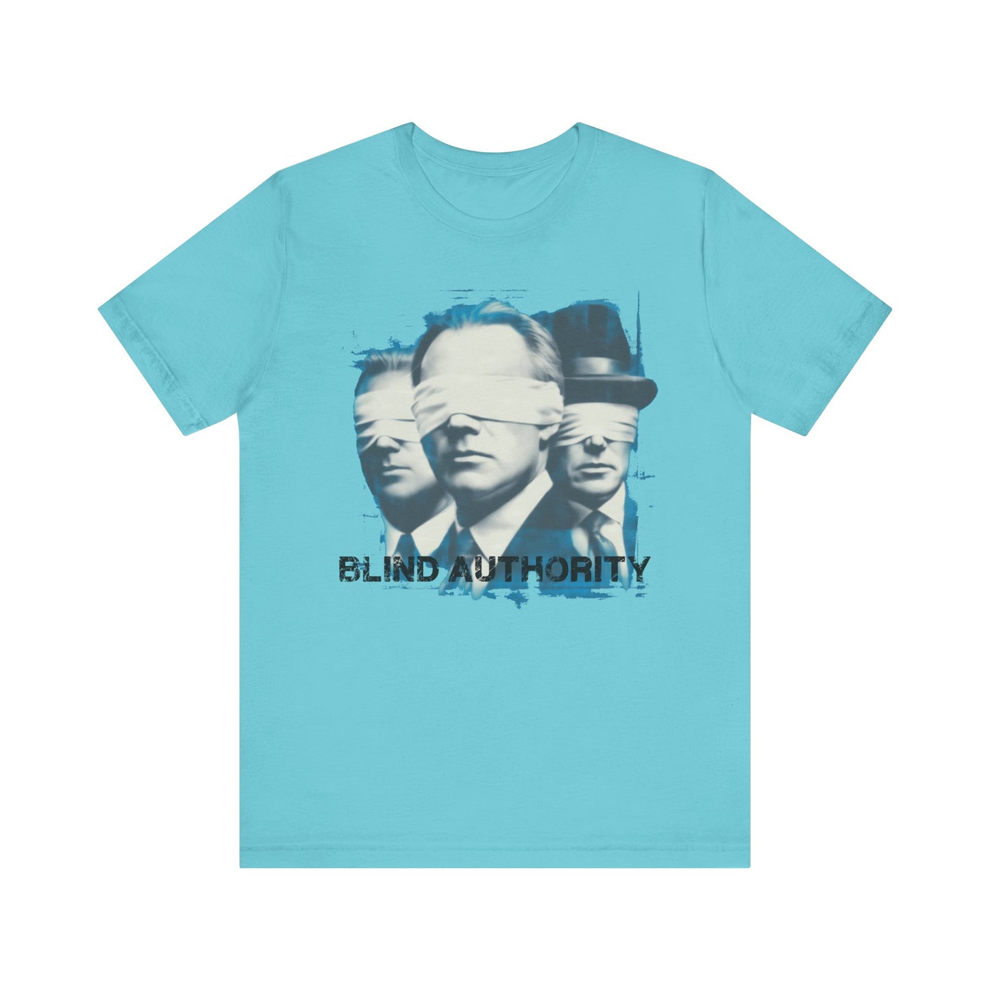 Blind Authority Graphic Tee – Concept Art Shirt, Blindfolded Men, Political Satire, Retro Pop Art, Streetwear Commentary
