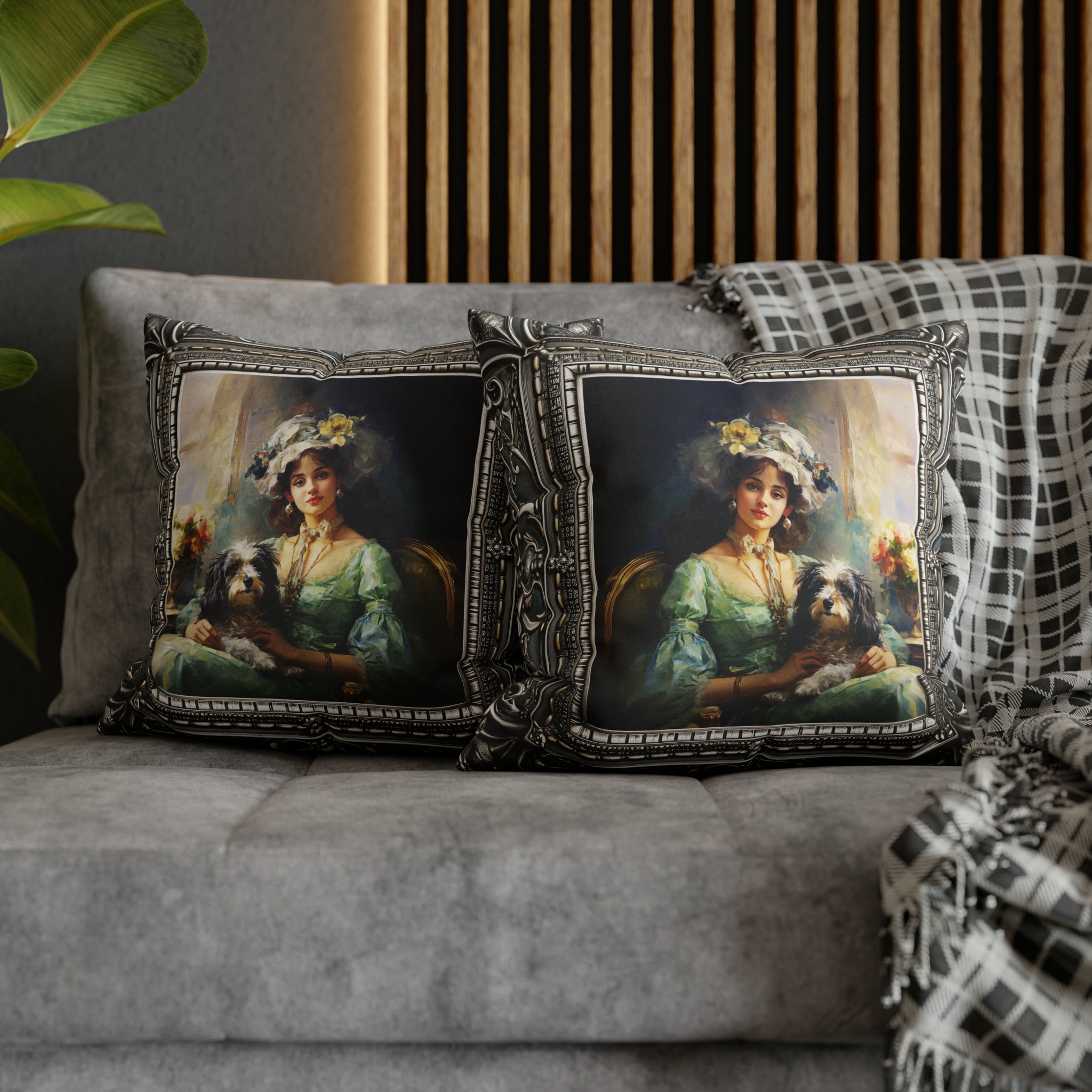 Square Pillow Case 18" x 18", CASE ONLY, no pillow form, original Art , a Painting of a Young Woman and her Dog in an Antique Frame