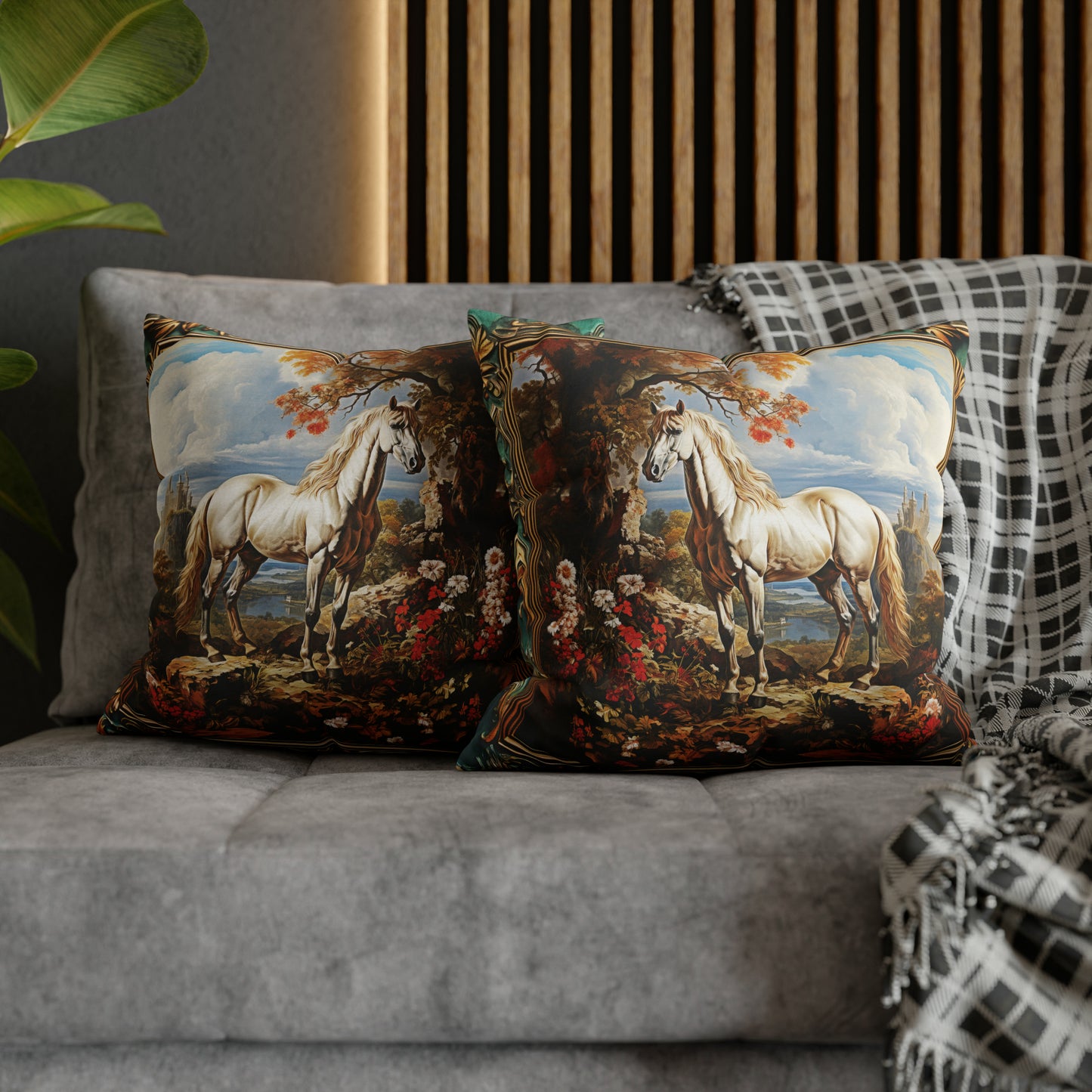 Square Pillow Case 18" x 18", CASE ONLY, no pillow form, original Art ,Colorful, A beautiful White Horse in a European Landscape