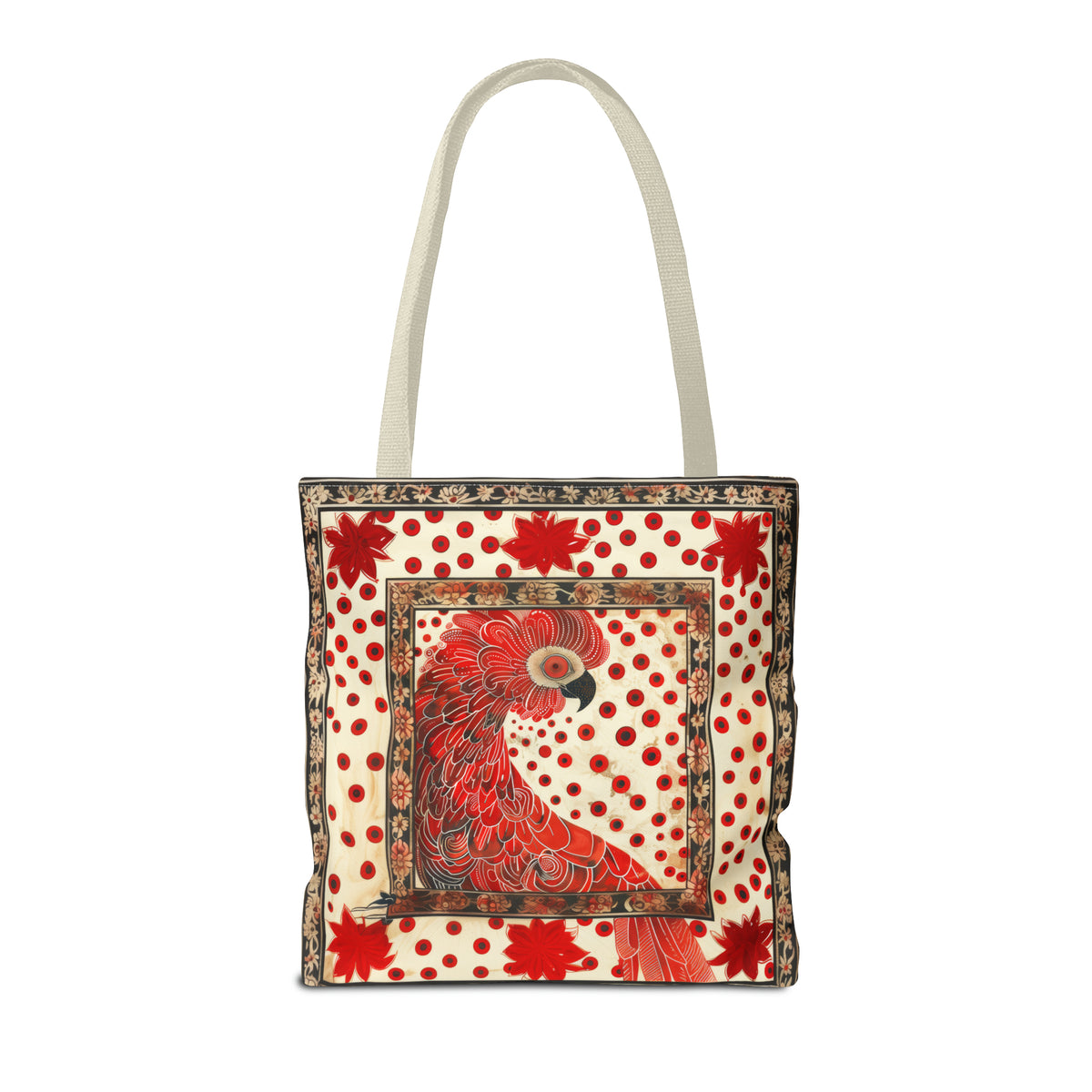 CanvasTote Bag, vintage inspired red cockatoo design, whimsical colorful printed bag, accessory tote , three sizes, all over print