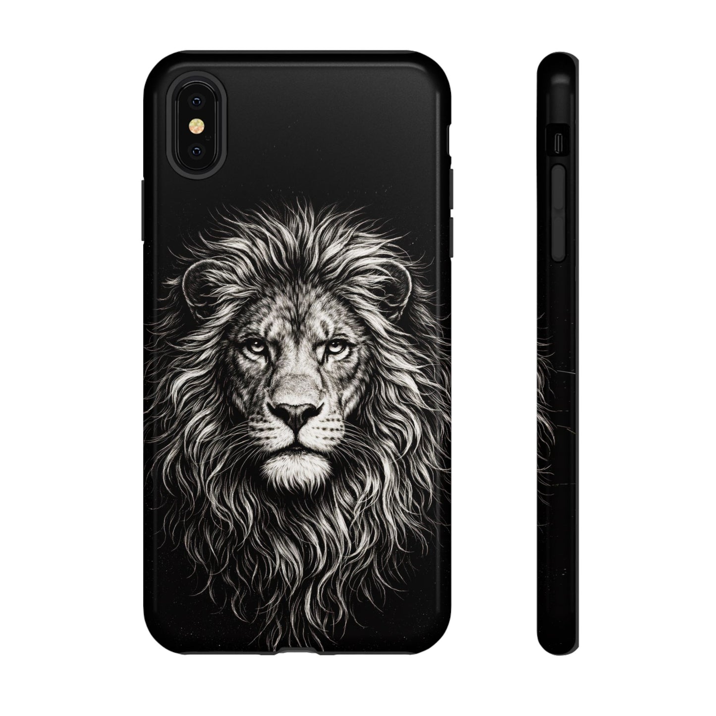 Lion Portrait Tough Phone Case — Protective Black Rugged Case with Detailed Lion Artwork