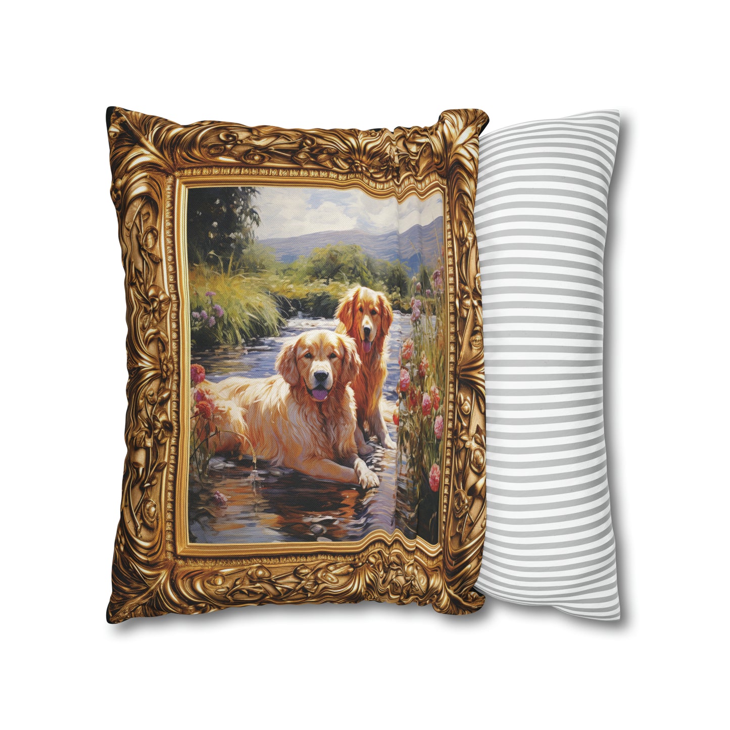 Square Pillow Case 18" x 18", CASE ONLY, no pillow form, original Art, A Portrait of a pair of Golden Retriever's in a stream