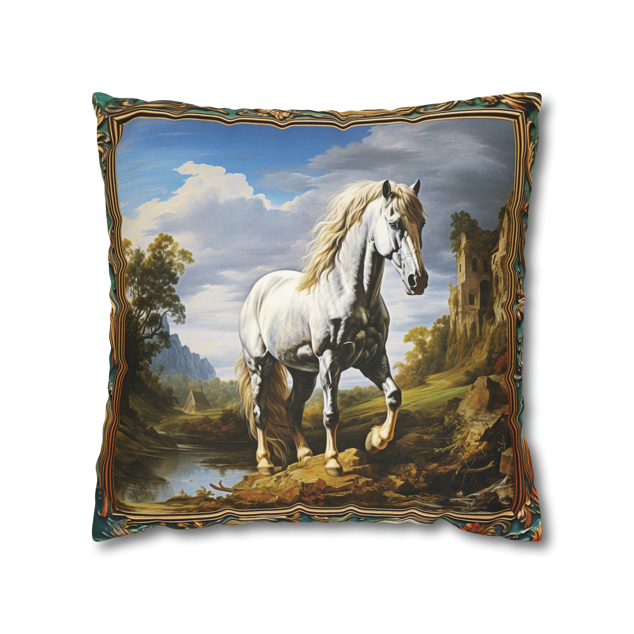 Square Pillow Case 18" x 18", CASE ONLY, no pillow form, original Art ,Colorful, Beautiful White Stallion with a Castle and Mountains