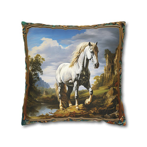 Square Pillow Case 18" x 18", CASE ONLY, no pillow form, original Art ,Colorful, Beautiful White Stallion with a Castle and Mountains