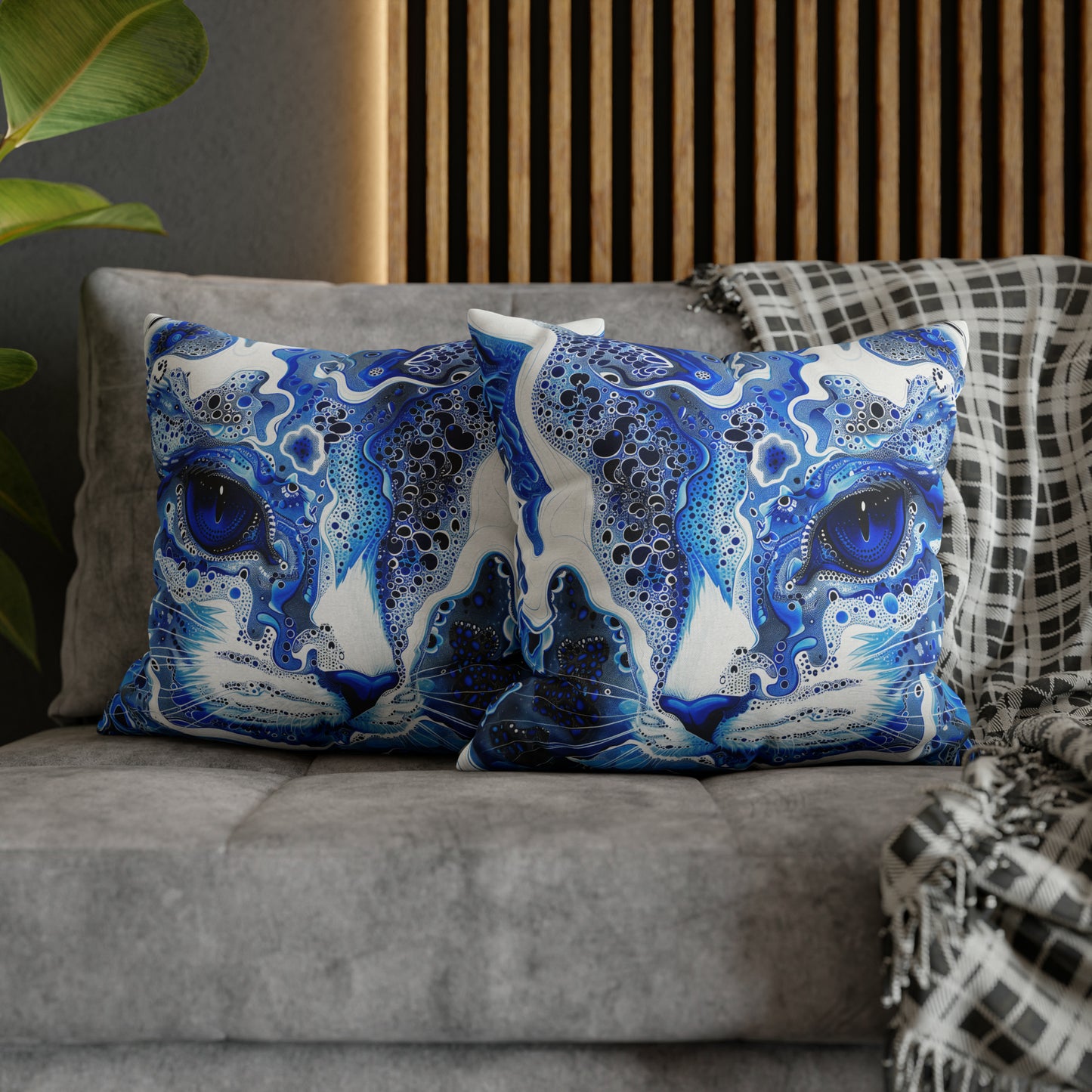 Modern style Blue cat pillow, beautiful animal accent pillow, Home decor for cat lover, unique whimsical cat theme, abstract art  style, case only