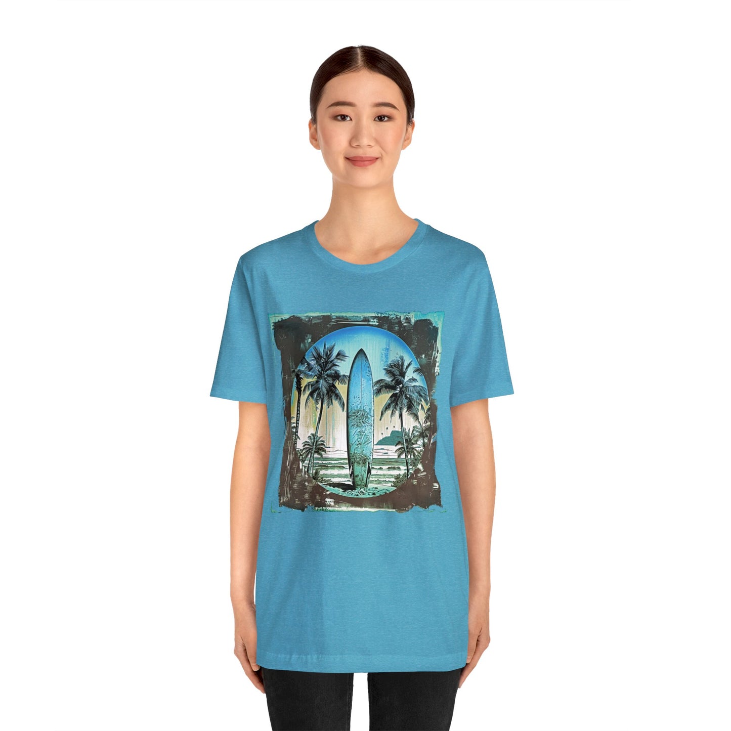 Blue board on the beach Unisex Jersey Short Sleeve Tee