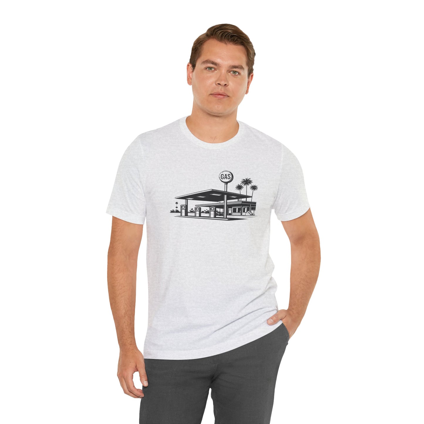 Mid Century Gas Station Graphic Tee, Icons of Mid Century series — Retro Desert Pump Illustration T-Shirt, Palm Springs Modern