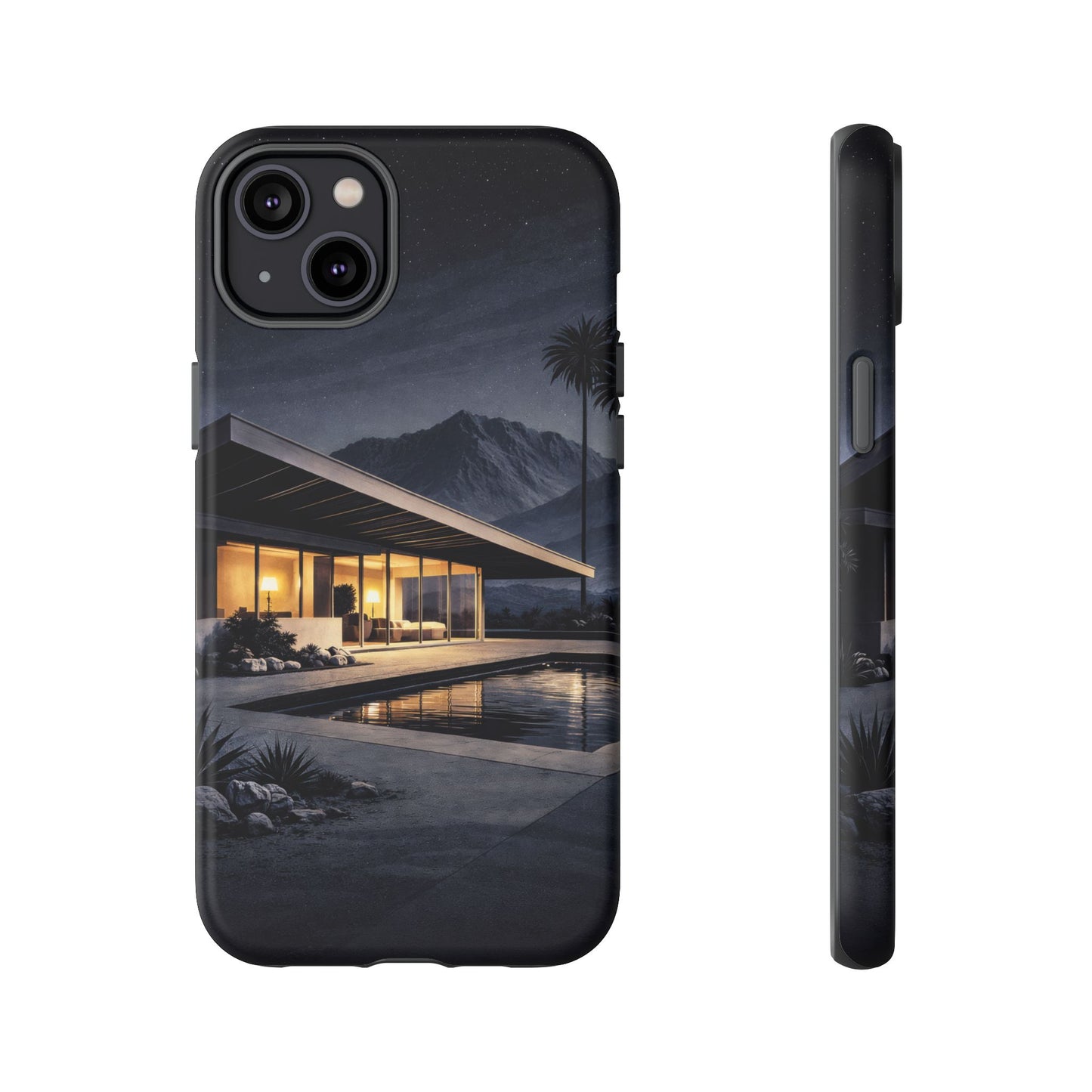 Modern Palm Springs House Phone Case — Mid-Century Poolside Evening Scene