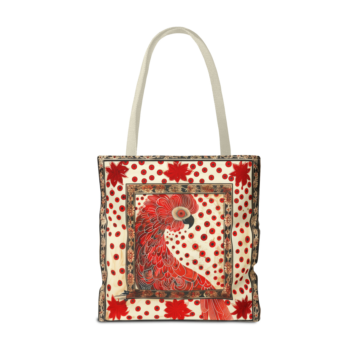 CanvasTote Bag, vintage inspired red cockatoo design, whimsical colorful printed bag, accessory tote , three sizes, all over print