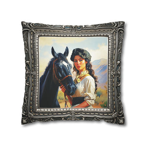 Square Pillow Case 18" x 18", CASE ONLY, no pillow form, original Art ,a Painting of a Tuscan Woman with Her Horse in the Countryside