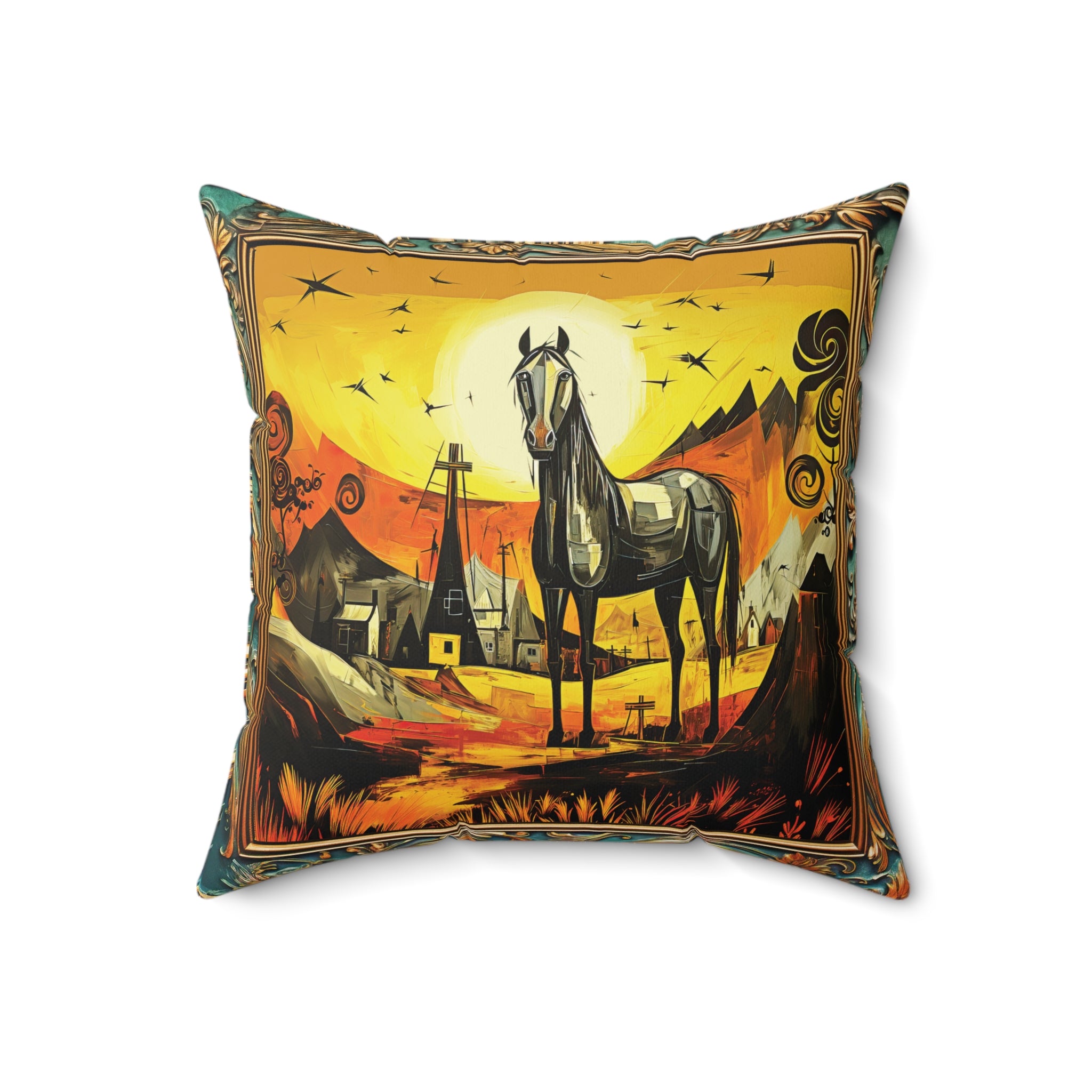 Horse in a Western Village Square Pillow
