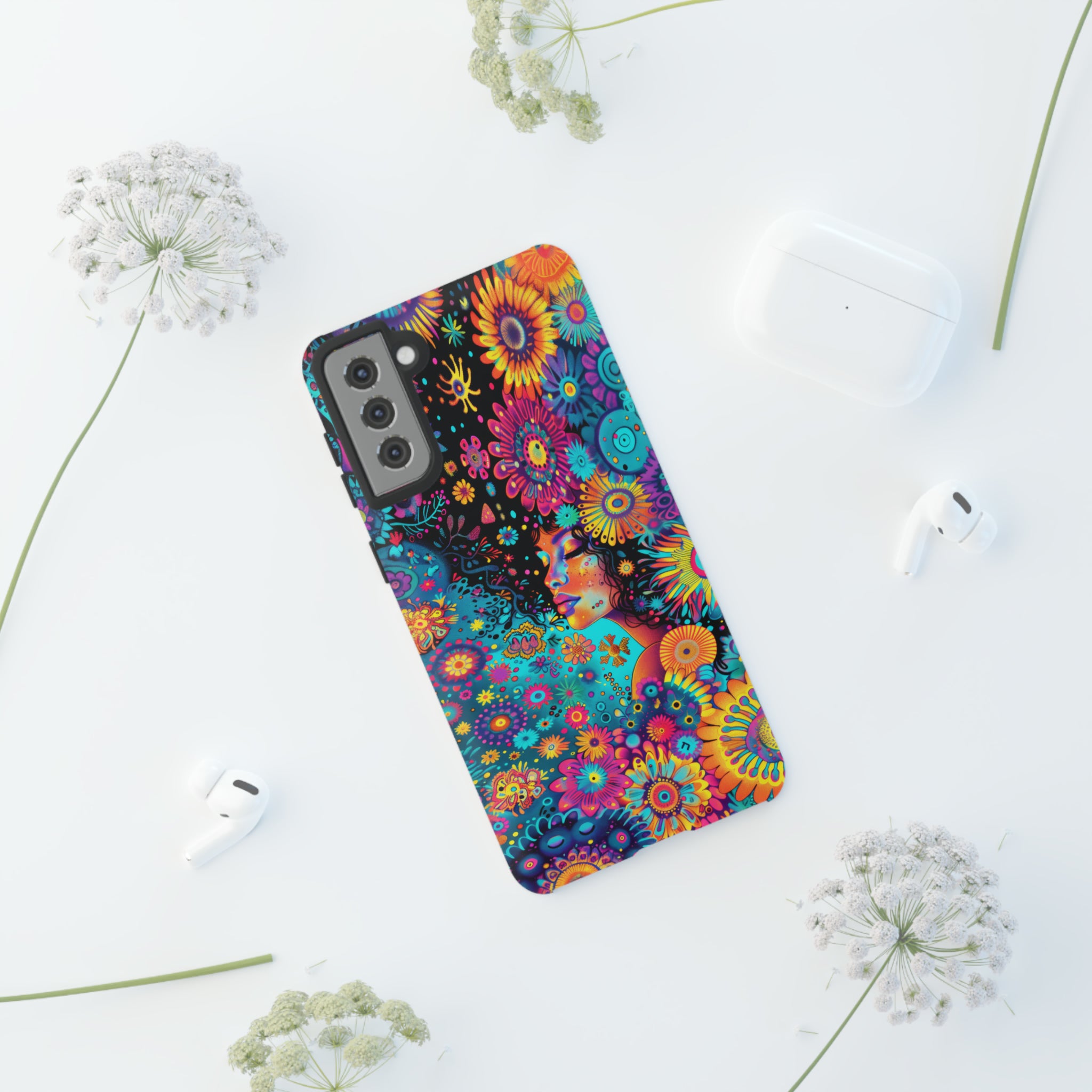Phone Case, 1970's inspired flower girl, Artistic design, Tough Case, Colorful whimsical flower fantasy design, iPhone 15, 14, 13, 12, 11, Samsung, Pixel