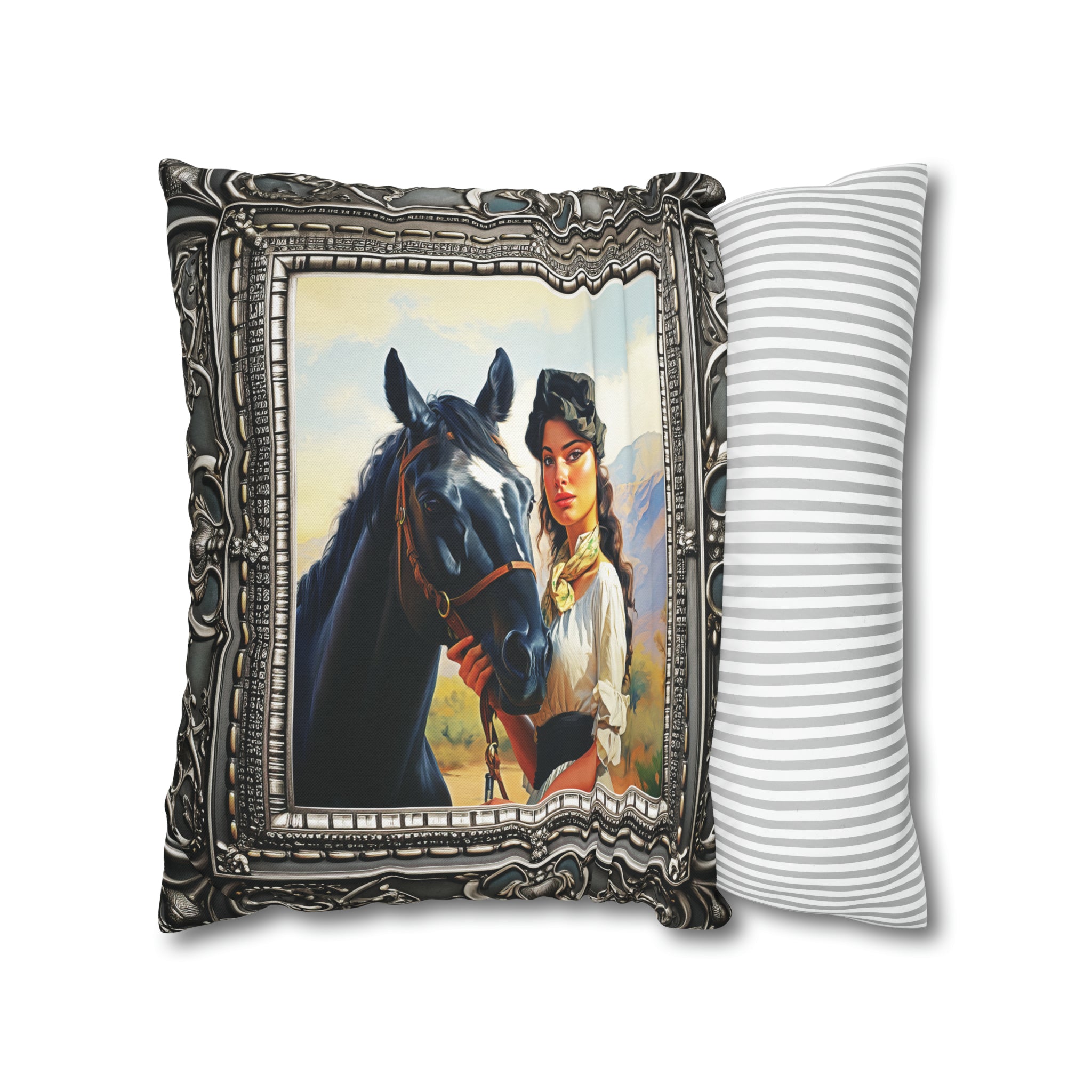 Square Pillow Case 18" x 18", CASE ONLY, no pillow form, original Art ,a Painting of a Tuscan Woman with Her Horse in the Countryside
