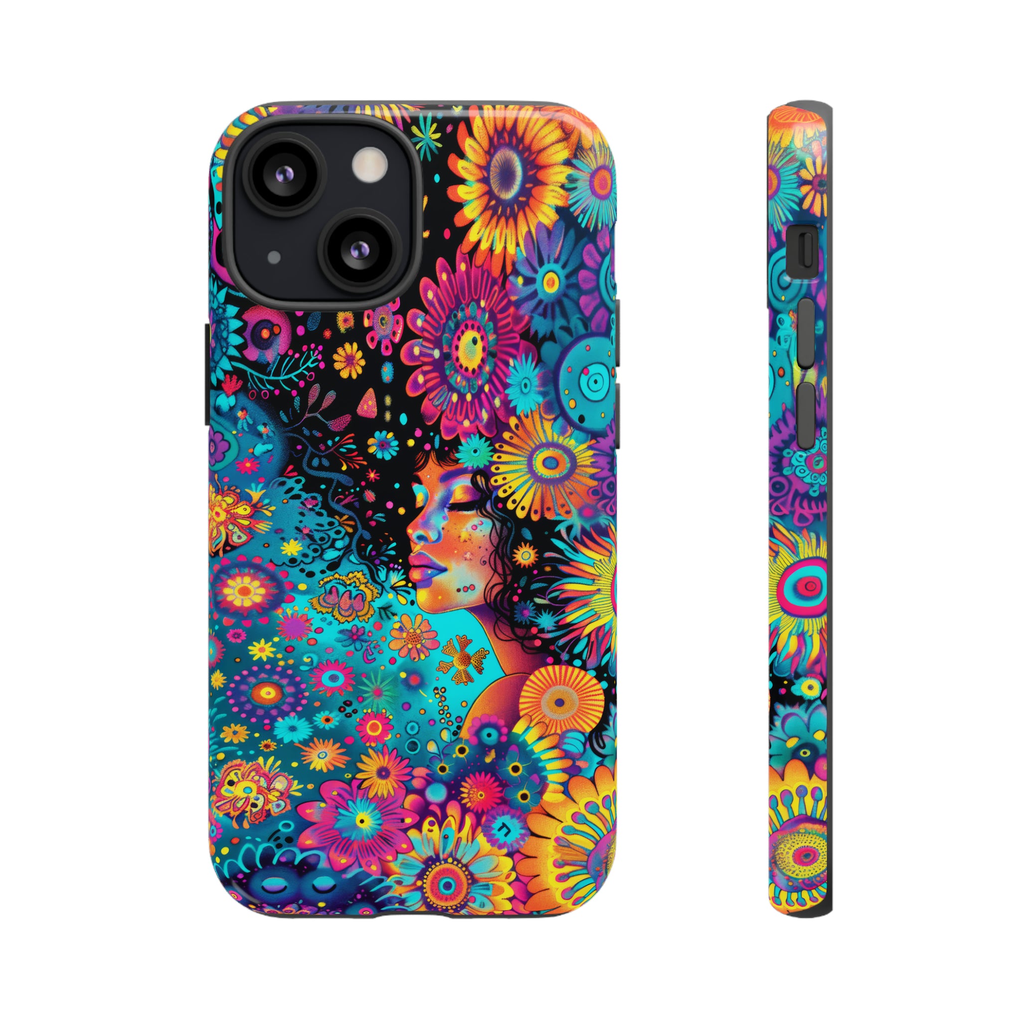 Phone Case, 1970's inspired flower girl, Artistic design, Tough Case, Colorful whimsical flower fantasy design, iPhone 15, 14, 13, 12, 11, Samsung, Pixel