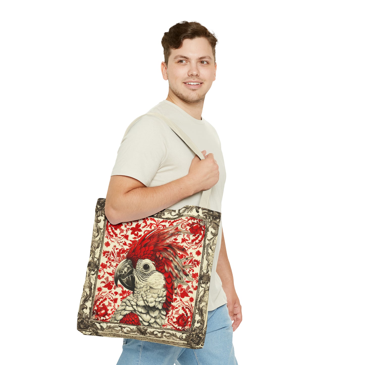 Canvas Tote Bag, vintage inspired bird design in red, vibrant artistic accessory, all over print bag