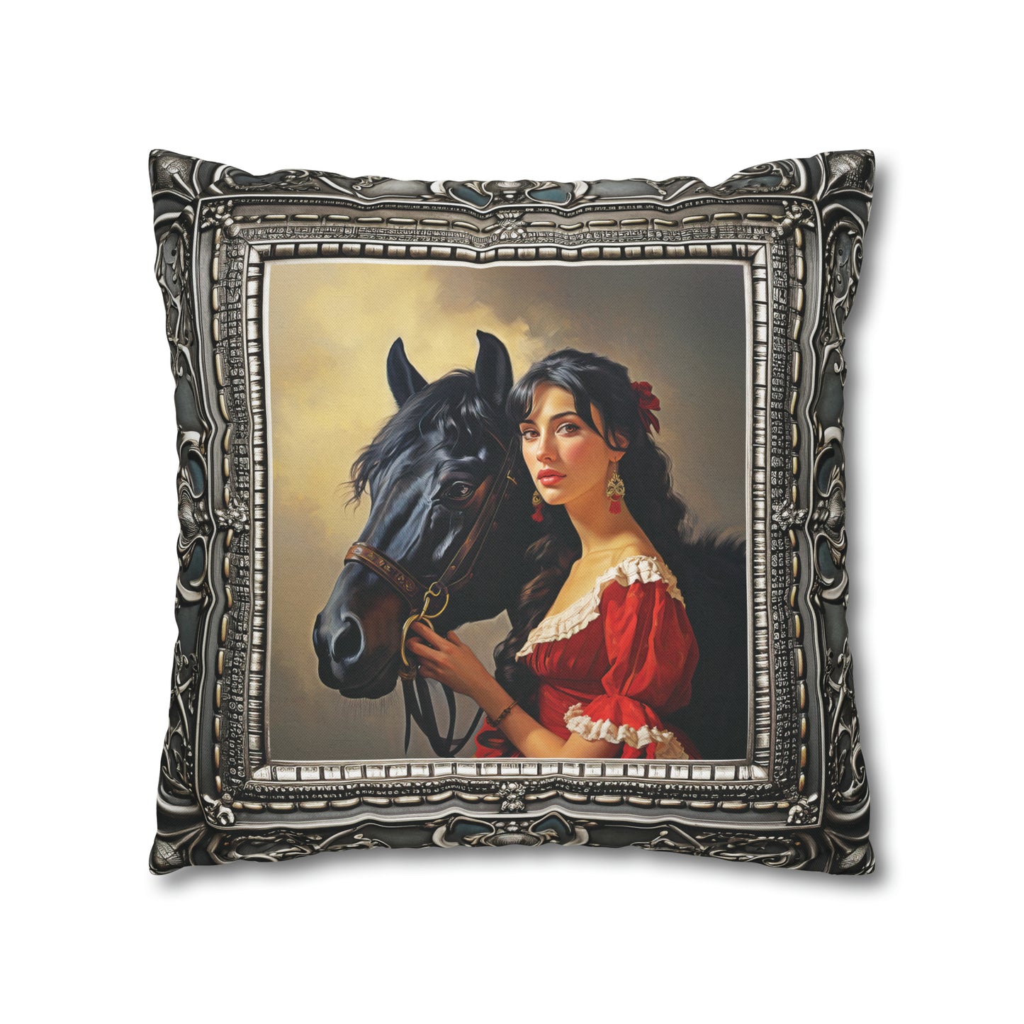 Square Pillow Case 18" x 18", CASE ONLY, no pillow form, original Art, A beautiful Painting of a Woman and Her Horse in an Antique Frame