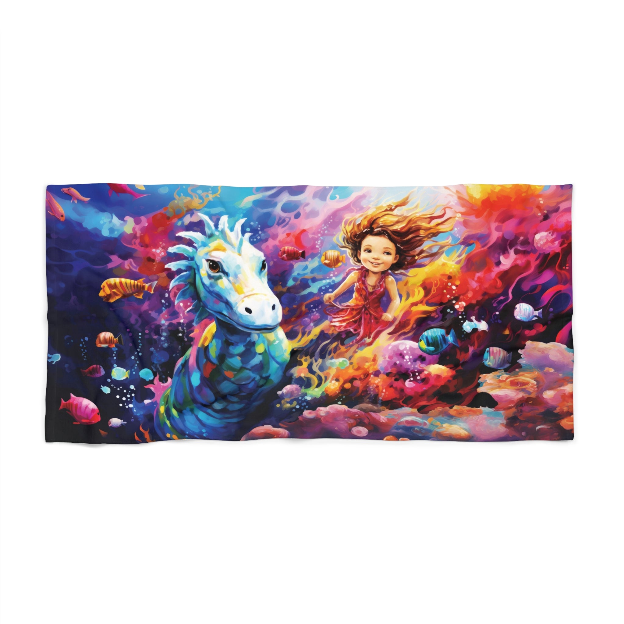 Girl swimming with a sea creature Beach Towel in two sizes