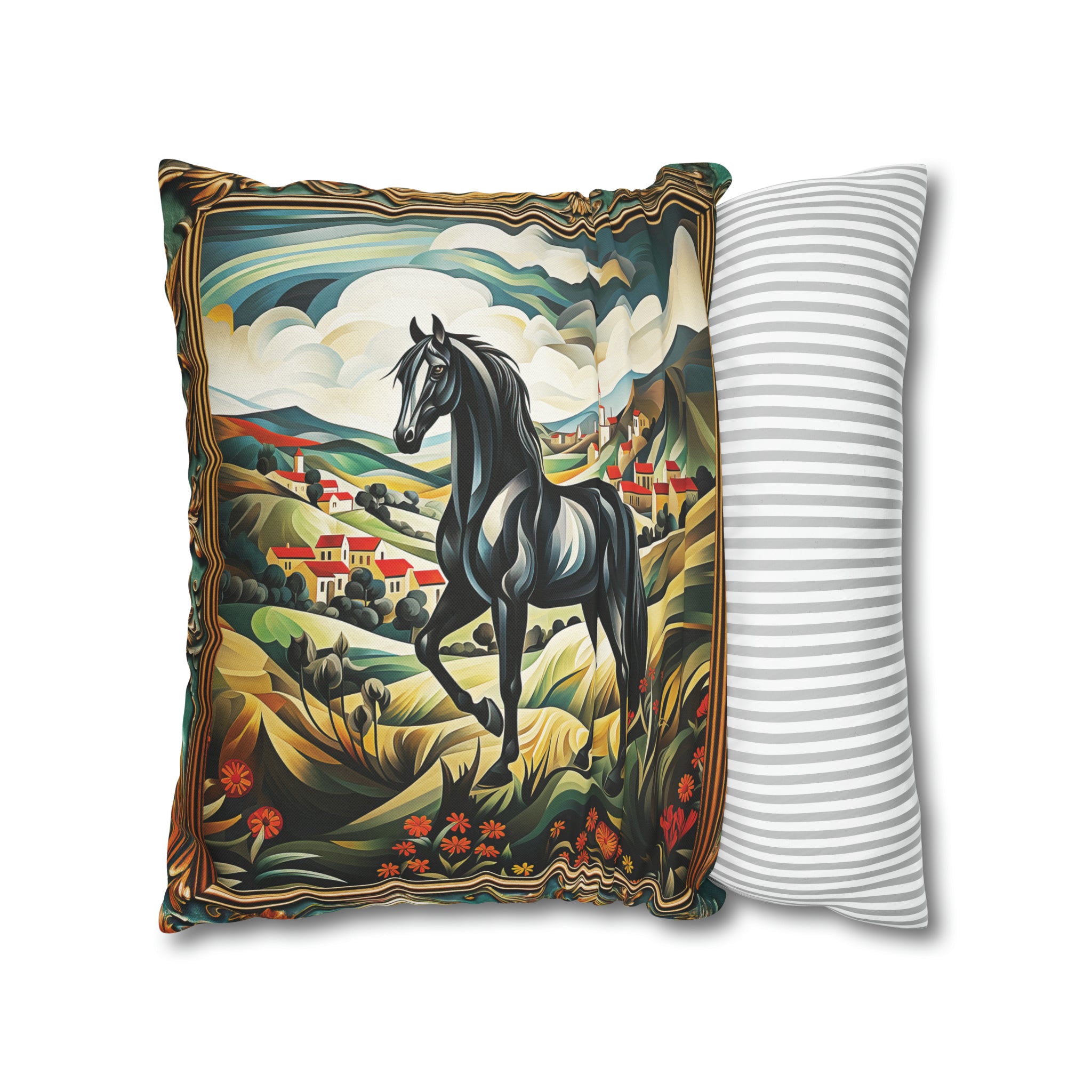 Square Pillow Case 18" x 18", CASE ONLY, no pillow form, original Art ,Colorful, Beautiful Black Stallion on a Spanish Landscape