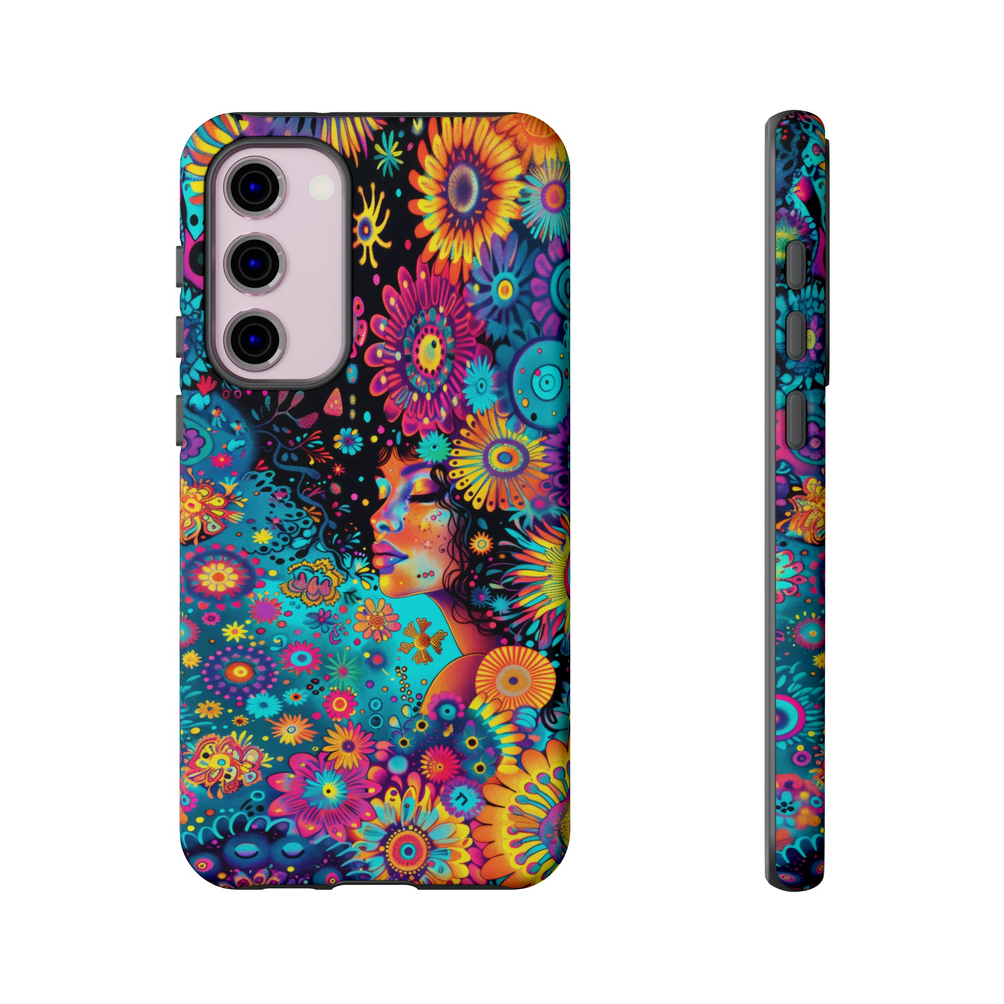 Phone Case, 1970's inspired flower girl, Artistic design, Tough Case, Colorful whimsical flower fantasy design, iPhone 15, 14, 13, 12, 11, Samsung, Pixel