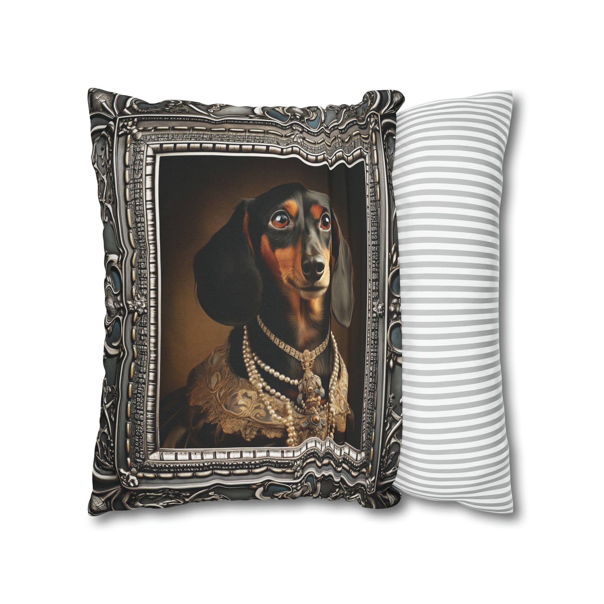 Square Pillow Case 18" x 18", CASE ONLY, no pillow form, original Art ,a Beautiful Painting of a Dachshund in a silver frame.