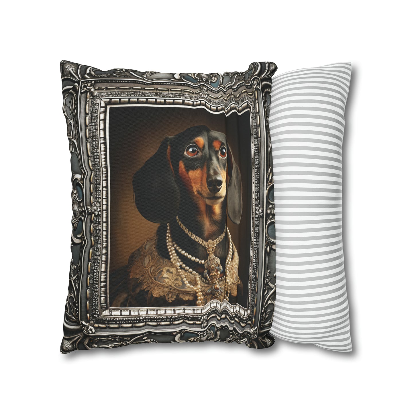 Square Pillow Case 18" x 18", CASE ONLY, no pillow form, original Art ,a Beautiful Painting of a Dachshund in a silver frame.