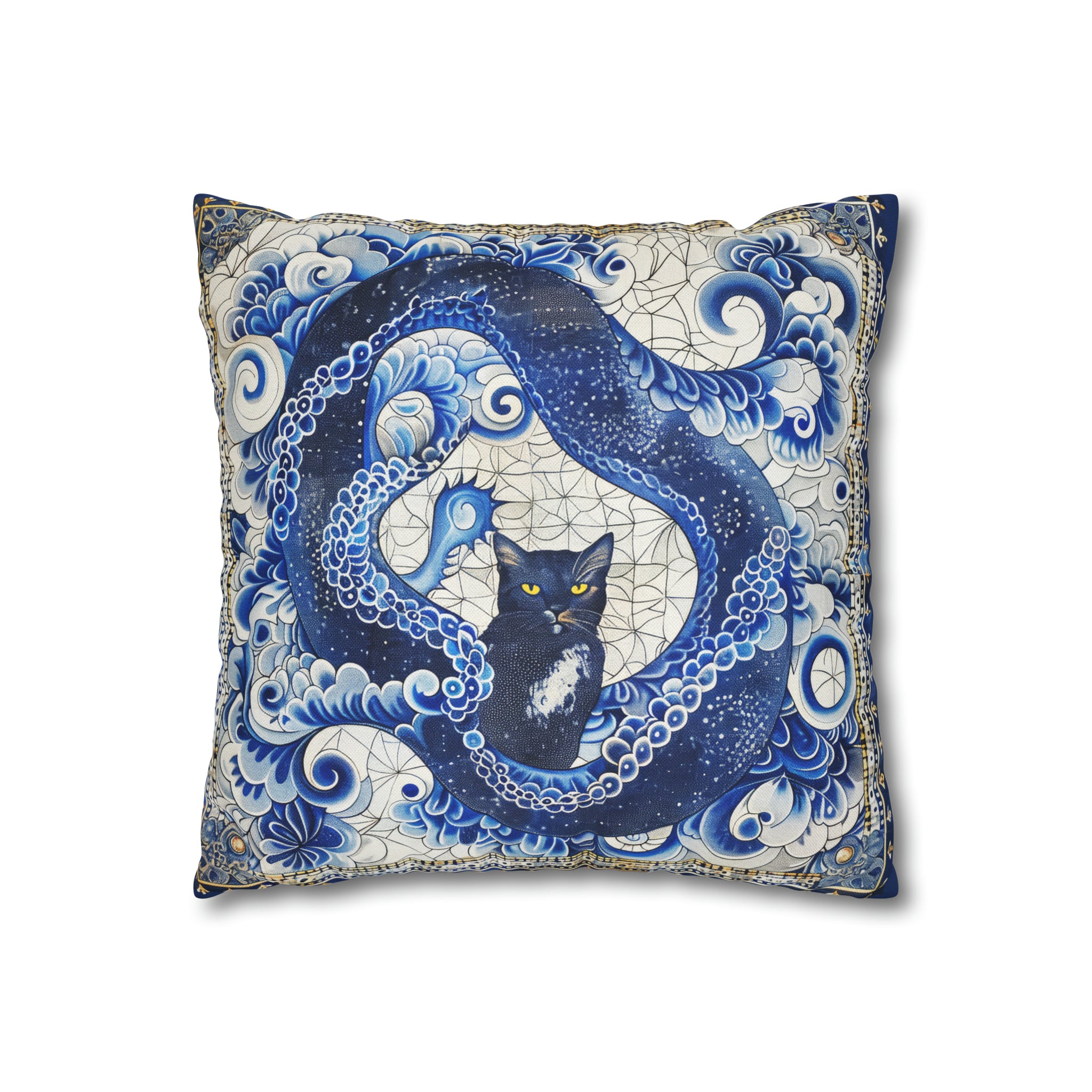 Vintage Blue cat pillow, beautiful animal accent pillow, Home decor for cat lover, unique whimsical cat theme, Portuguese tile style, case only