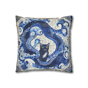 Vintage Blue cat pillow, beautiful animal accent pillow, Home decor for cat lover, unique whimsical cat theme, Portuguese tile style, case only