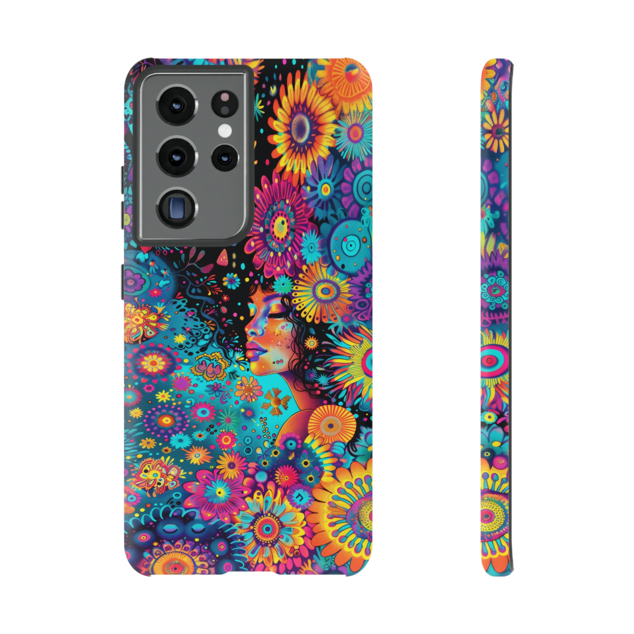 Phone Case, 1970's inspired flower girl, Artistic design, Tough Case, Colorful whimsical flower fantasy design, iPhone 15, 14, 13, 12, 11, Samsung, Pixel