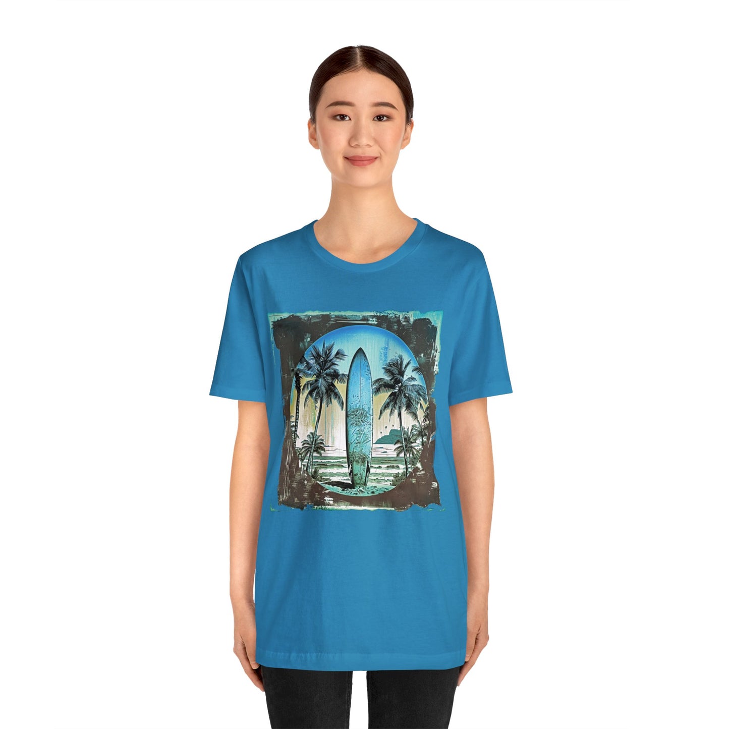 Blue board on the beach Unisex Jersey Short Sleeve Tee