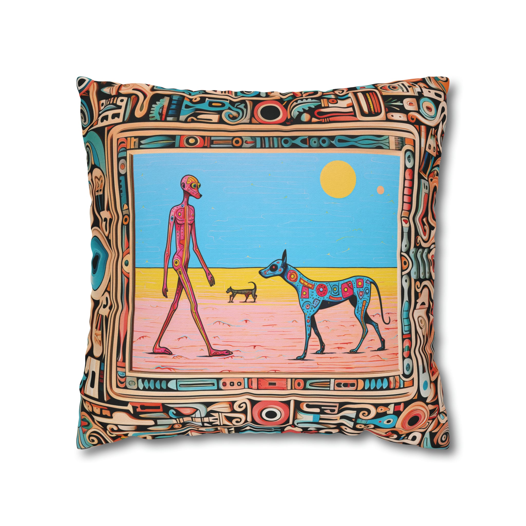 Square Pillow Case 18" x 18", CASE ONLY, no pillow form, original Pop Art Style, Pink Alien & Blue Dog in a Frame