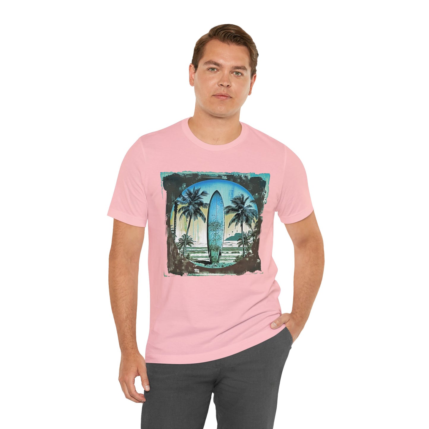 Blue board on the beach Unisex Jersey Short Sleeve Tee