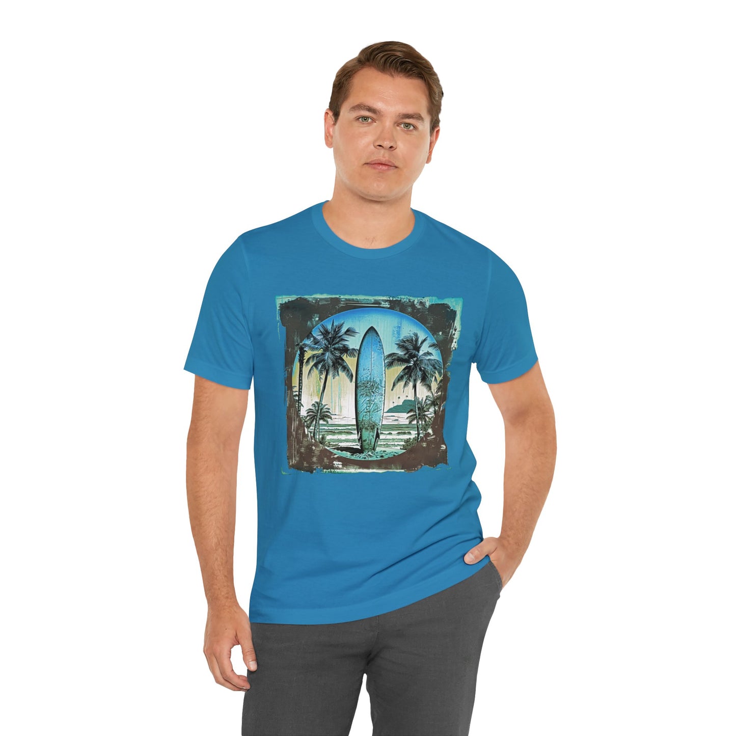 Blue board on the beach Unisex Jersey Short Sleeve Tee