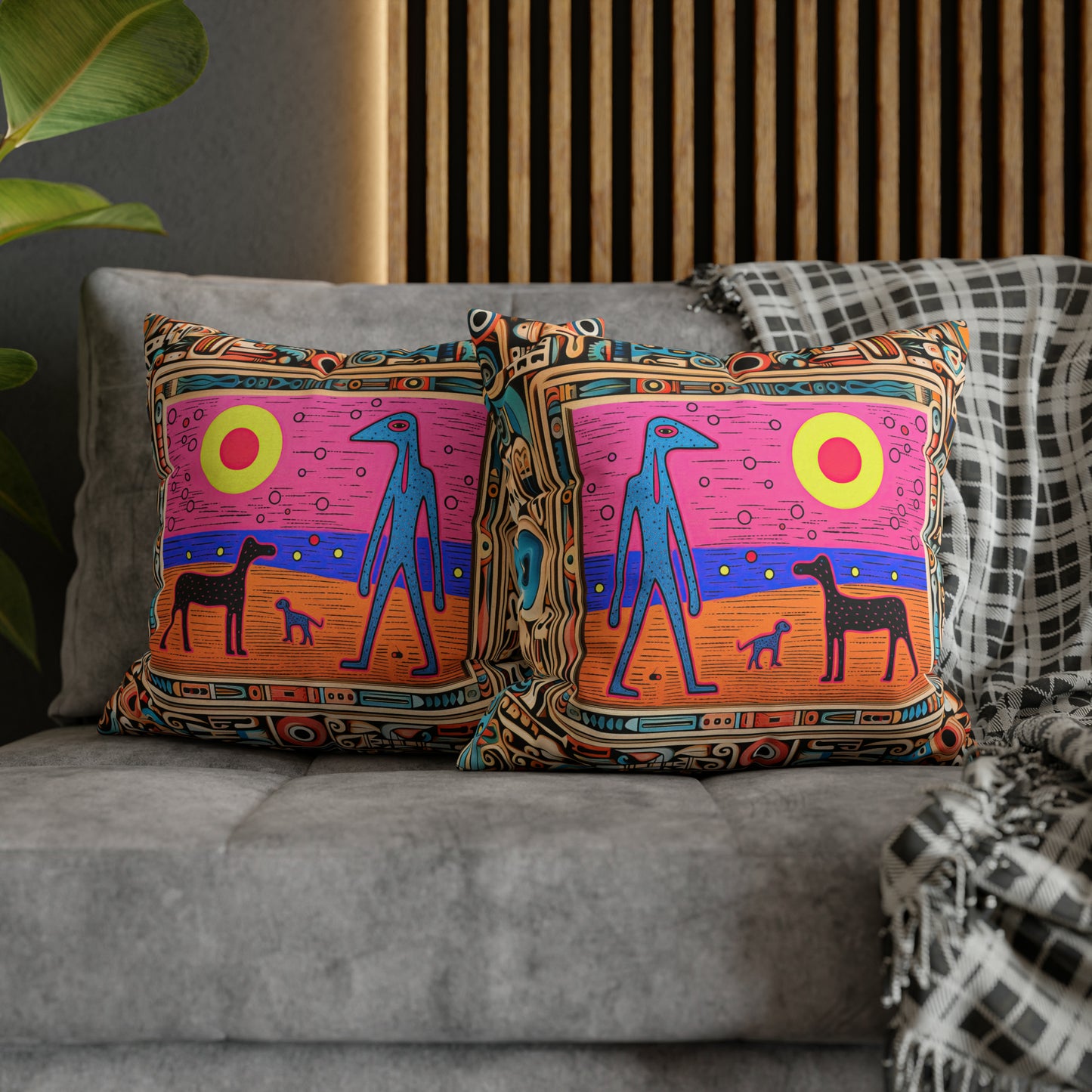 Square Pillow Case 18" x 18", CASE ONLY, no pillow form, original Pop Art Style, Blue Alien on the beach with his Dogs, Framed