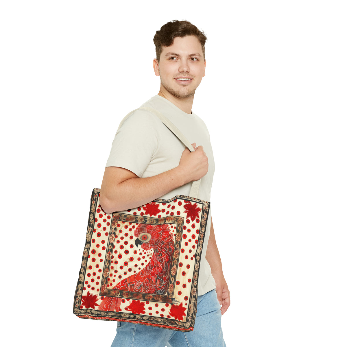 CanvasTote Bag, vintage inspired red cockatoo design, whimsical colorful printed bag, accessory tote , three sizes, all over print