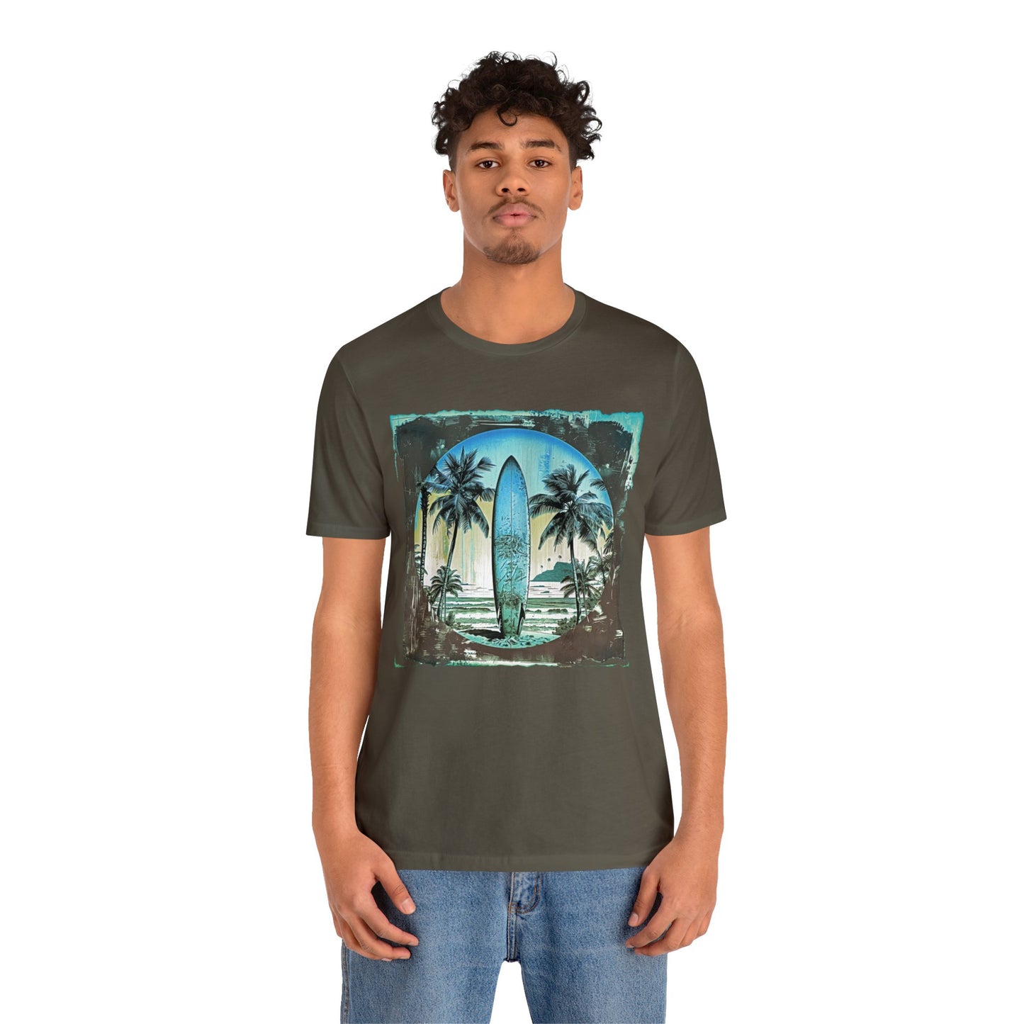 Blue board on the beach Unisex Jersey Short Sleeve Tee