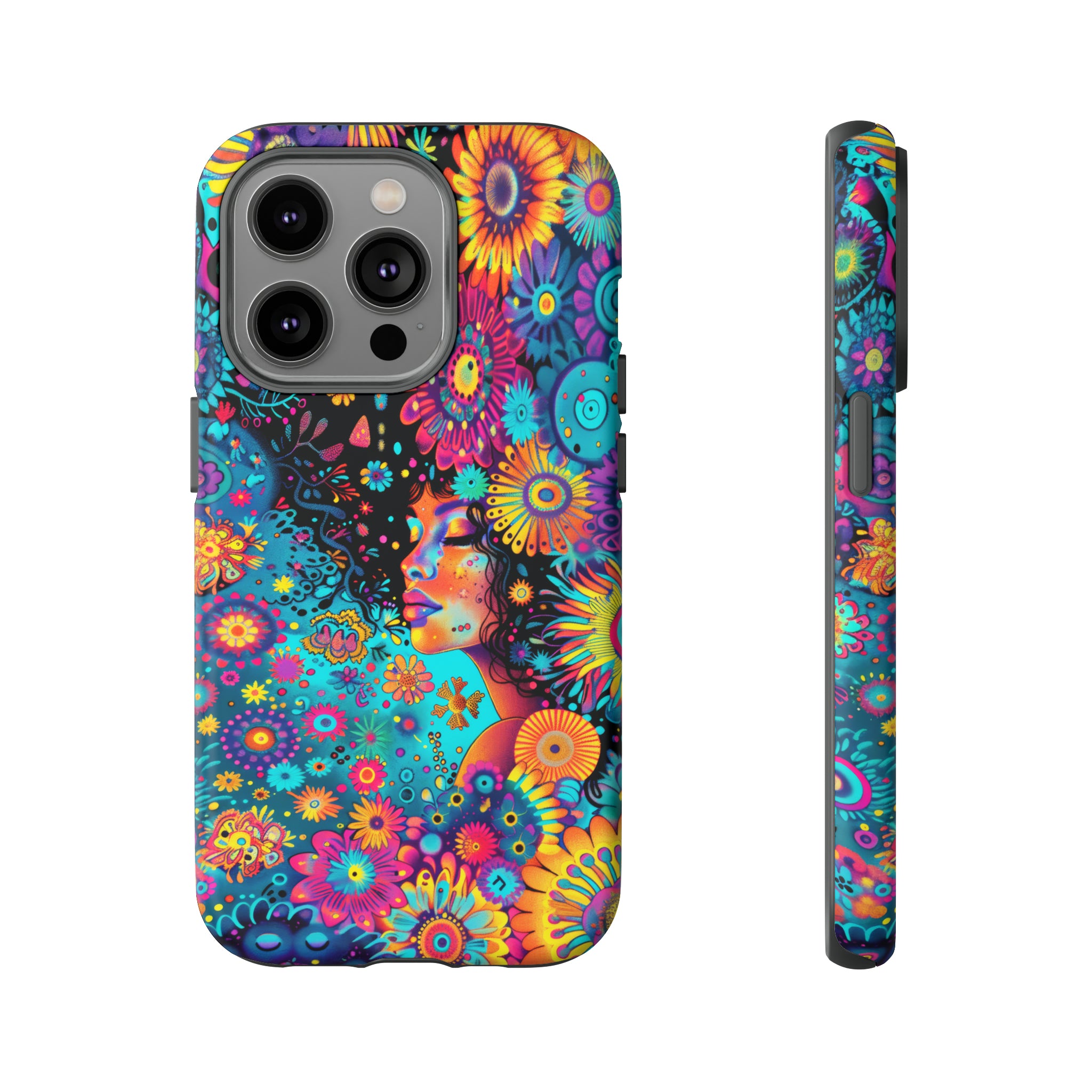 Phone Case, 1970's inspired flower girl, Artistic design, Tough Case, Colorful whimsical flower fantasy design, iPhone 15, 14, 13, 12, 11, Samsung, Pixel
